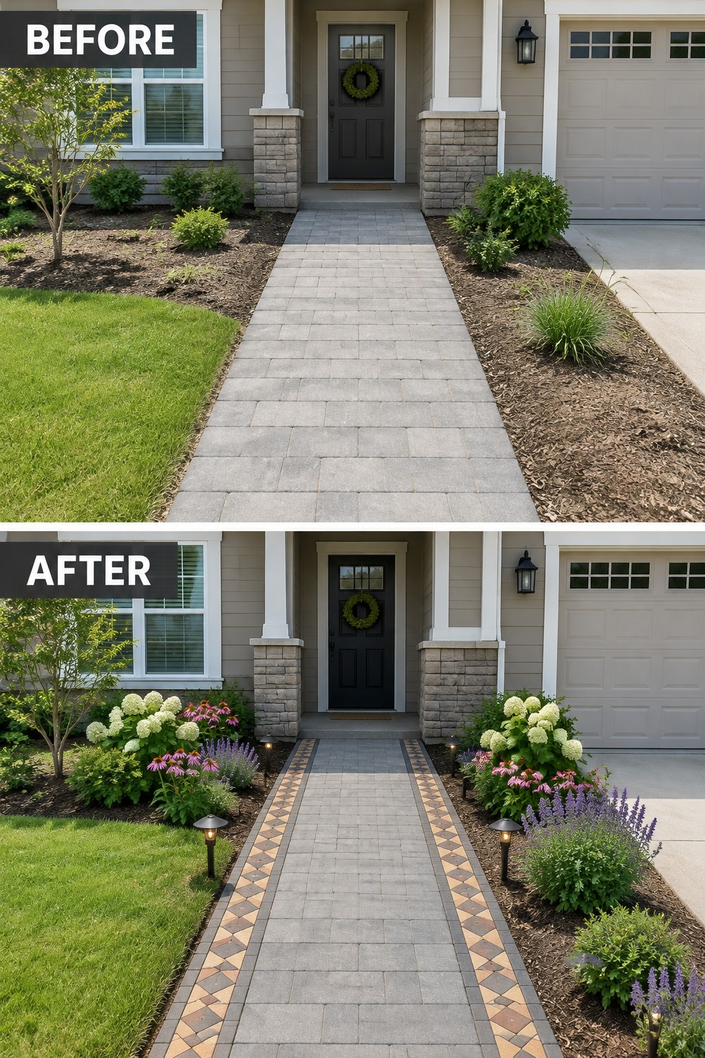 Before and after of house walkway with added flower beds, borders and pathway lights.