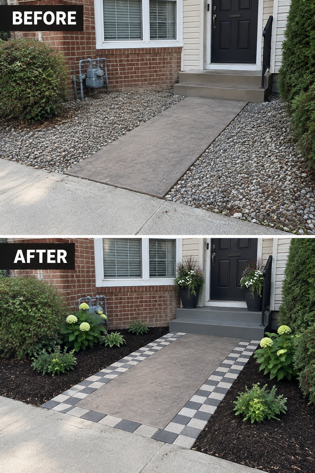 Before and after of brick house walkway with new landscaping and checkered border.