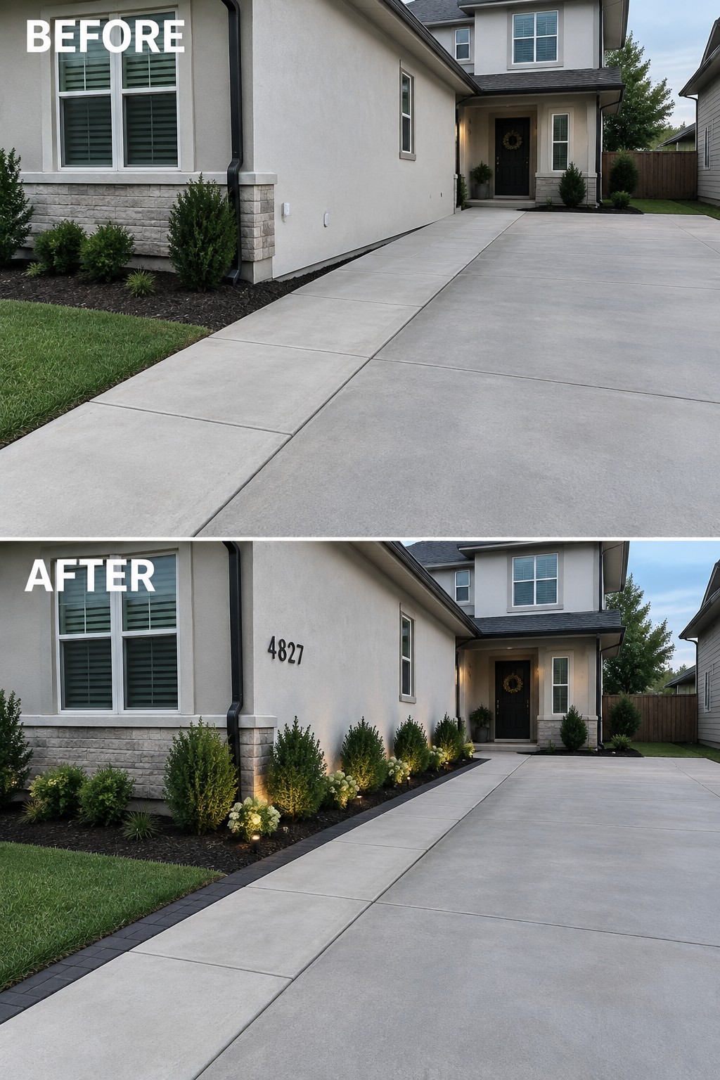 Before-and-after beige house with added shrubs, pathway lights, and wall numbers