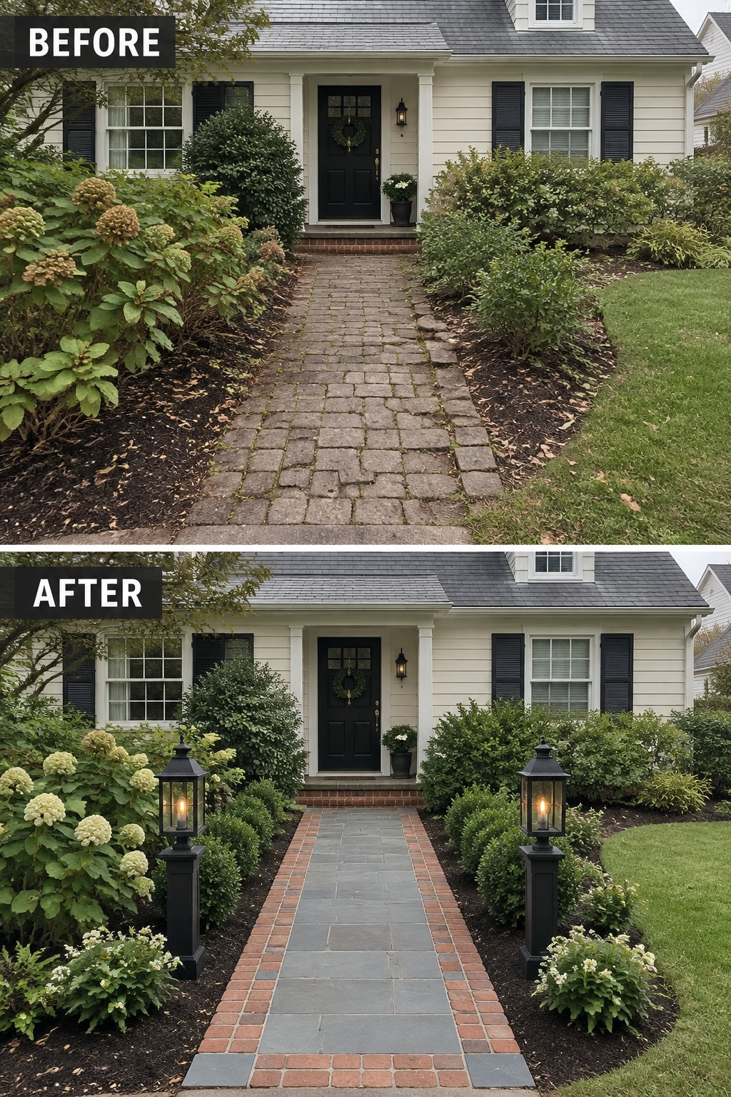 Before-and-after house entrance with new stone path, brick border, and lanterns.