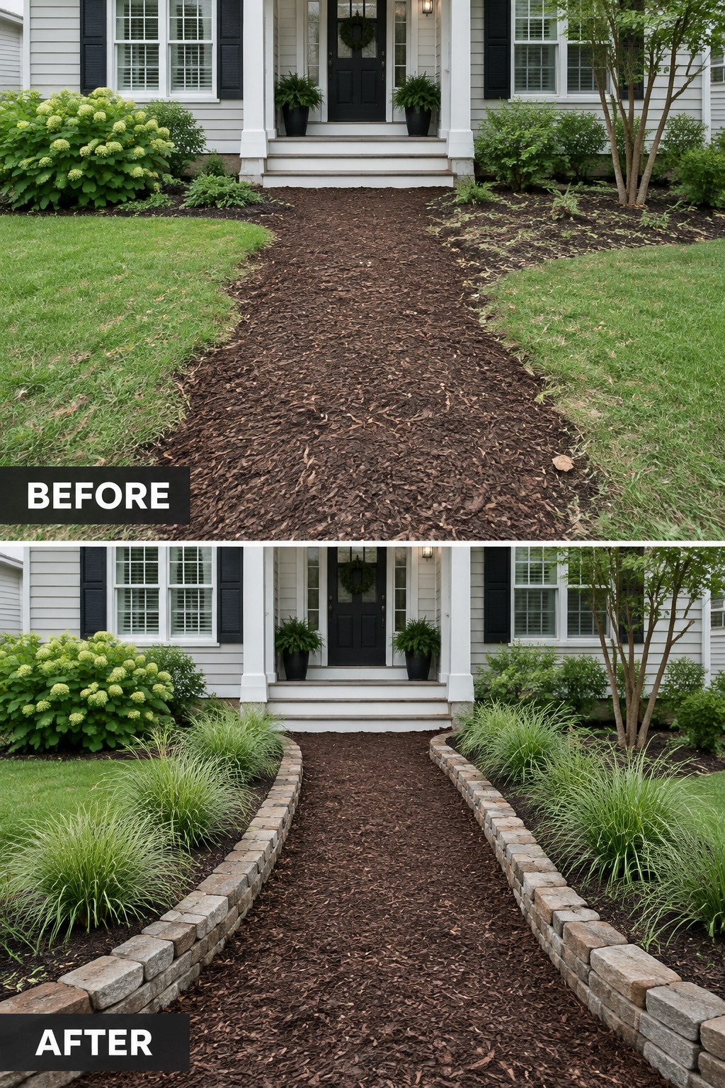 Before and after of mulched walkway with added stone borders to house entrance.