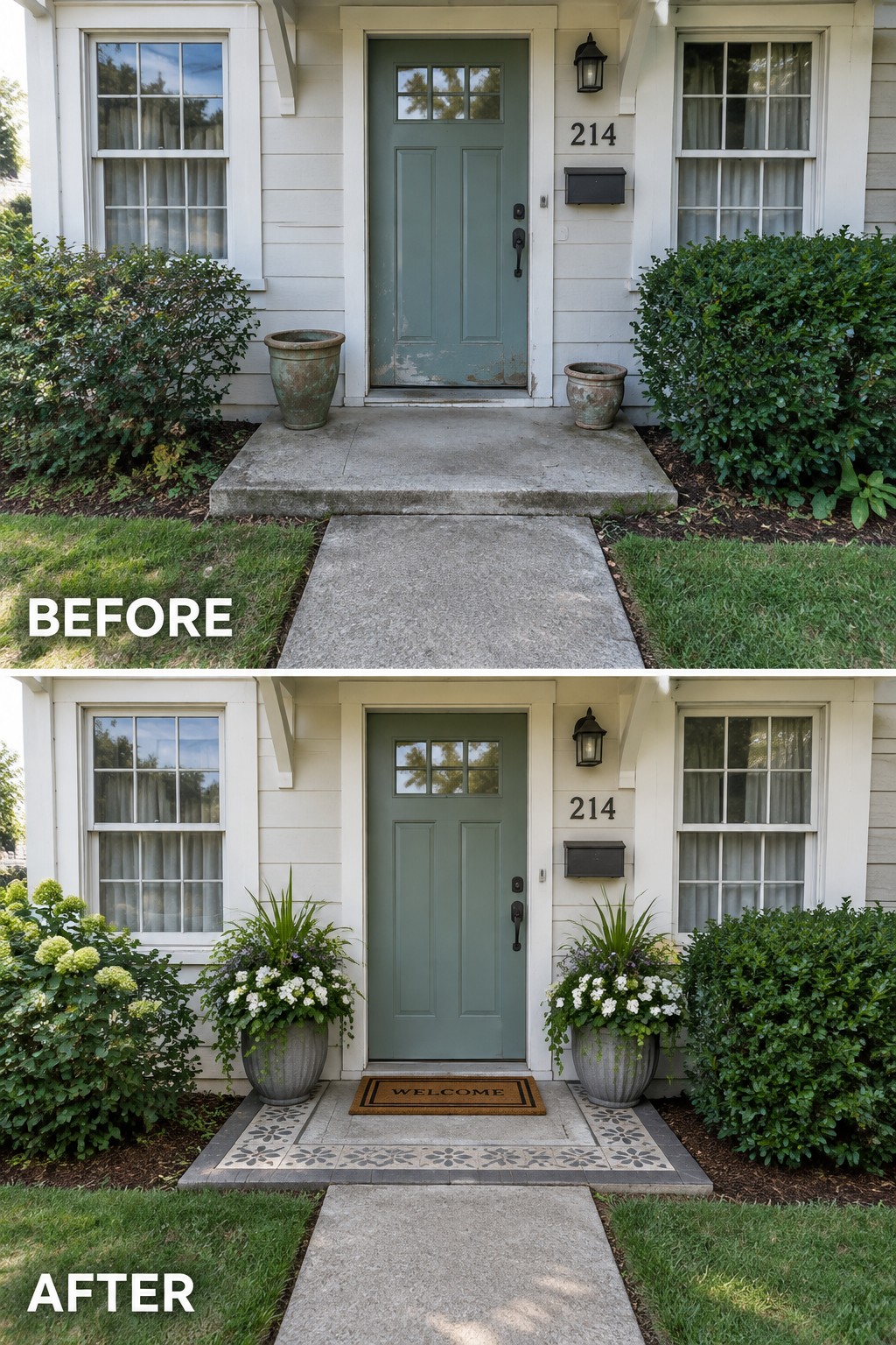 Before and after of house entry with green door, bushes, and new floral planters.