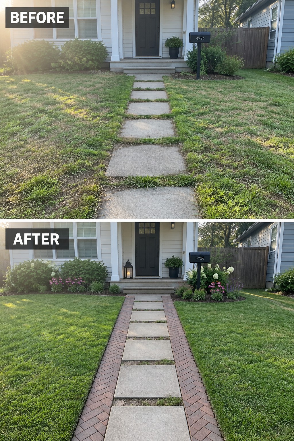 Before-and-after image of a front walkway showing a plain concrete path in grass changed to the same path framed by red brick paver borders with updated planting beds.
