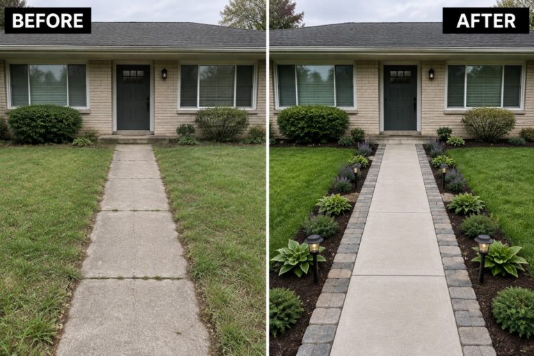 23 Beautiful Front Walkway Makeover Ideas Using Paver Borders Split image comparing house front yard before and after adding flower beds and lights