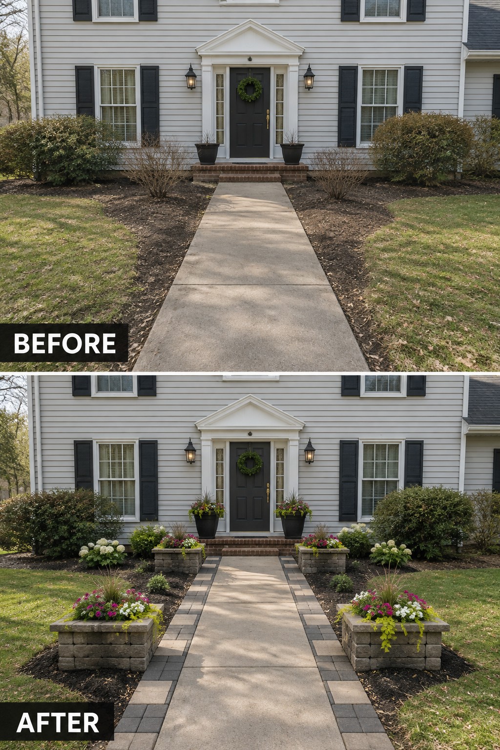 Before and after views of house walkway with added stone planters and flowers