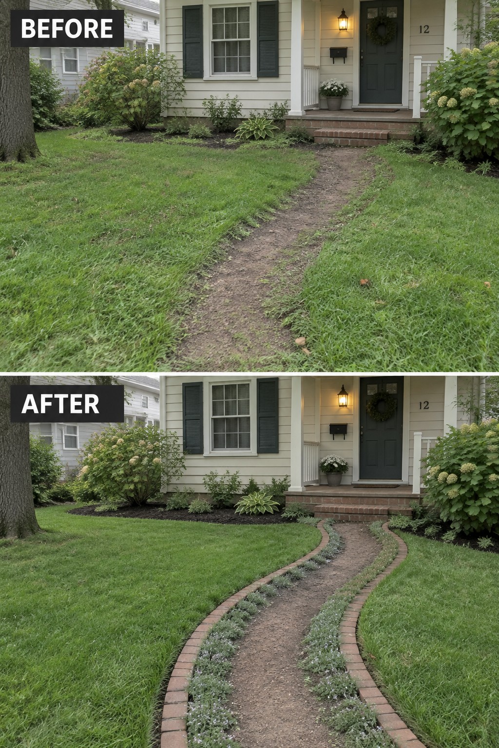 Before and after of overgrown yard dirt path upgraded to brick-bordered walkway with plants.