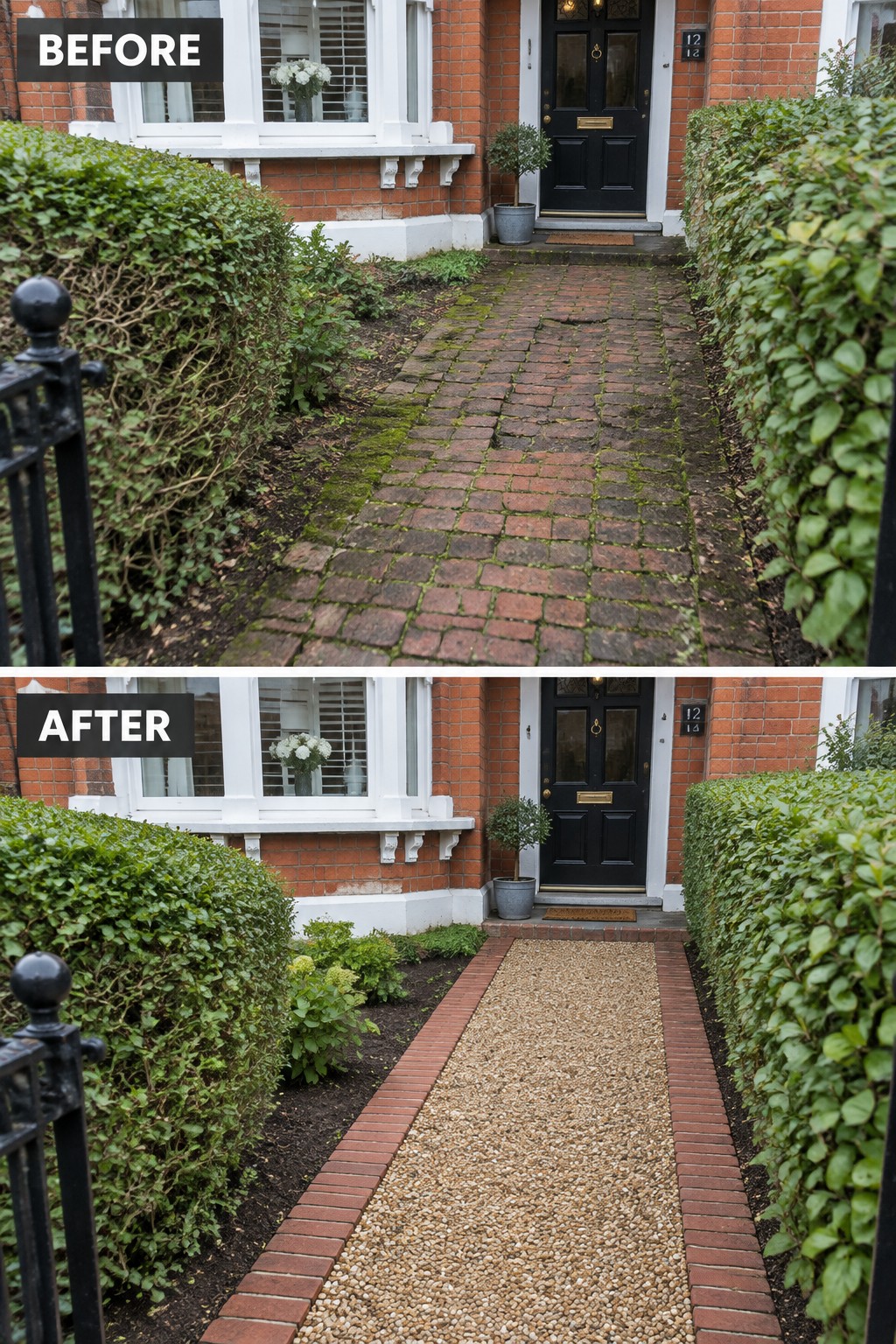 Before-and-after image of a mossy brick front walkway changed to a clean gravel path bordered by bricks.