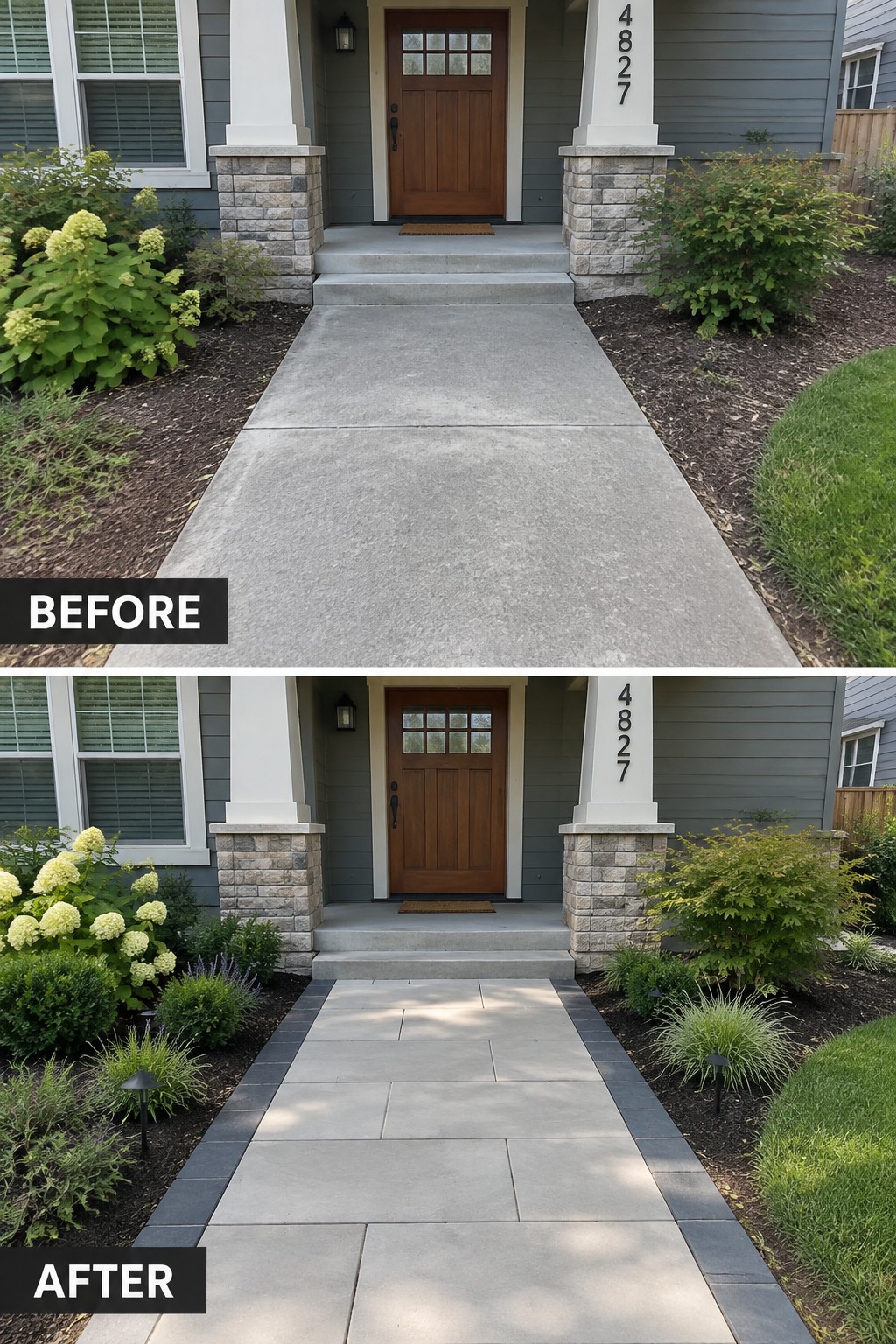 Before-and-after image of a plain concrete front walkway updated with rectangular pavers and dark stone borders next to refreshed landscaping.
