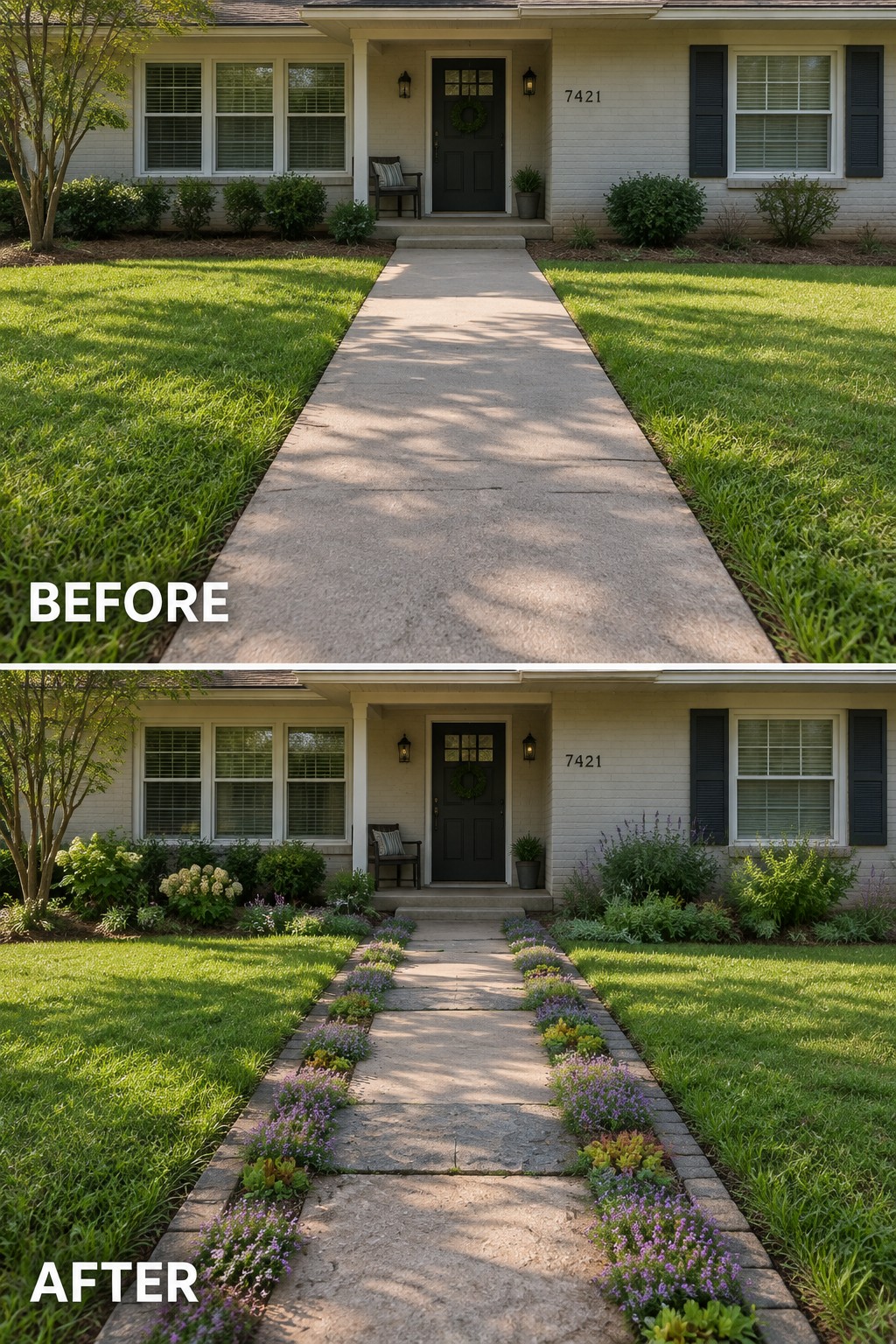 Before and after of house walkway lined with colorful flower beds and brick borders