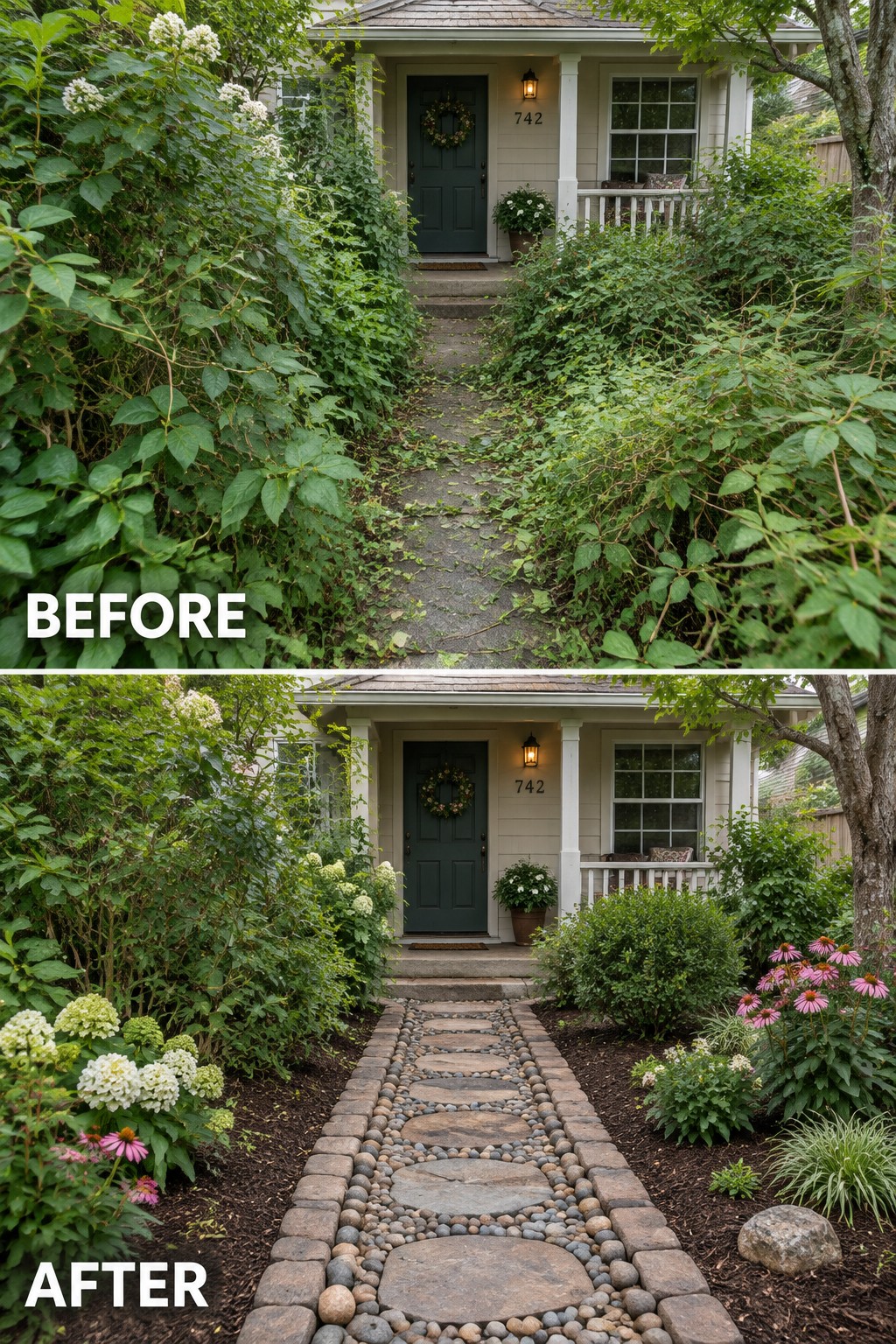 Before and after of overgrown path to house transformed into neat stone walkway with flowers.