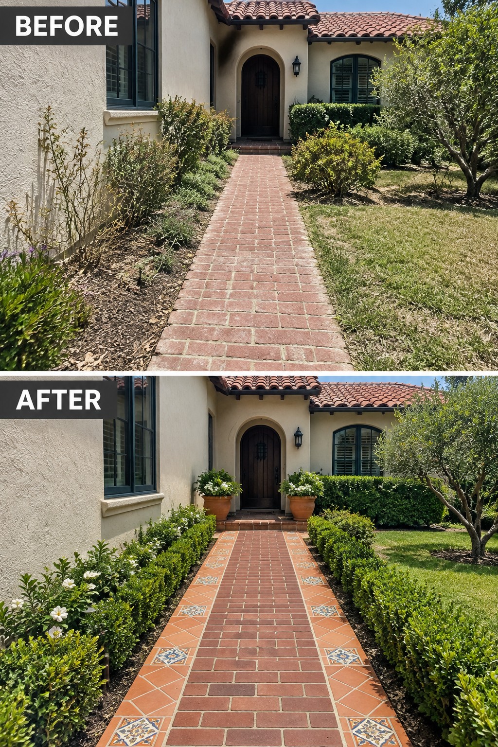 Before-and-after image of a front walkway updated with decorative paver borders and trimmed garden beds.