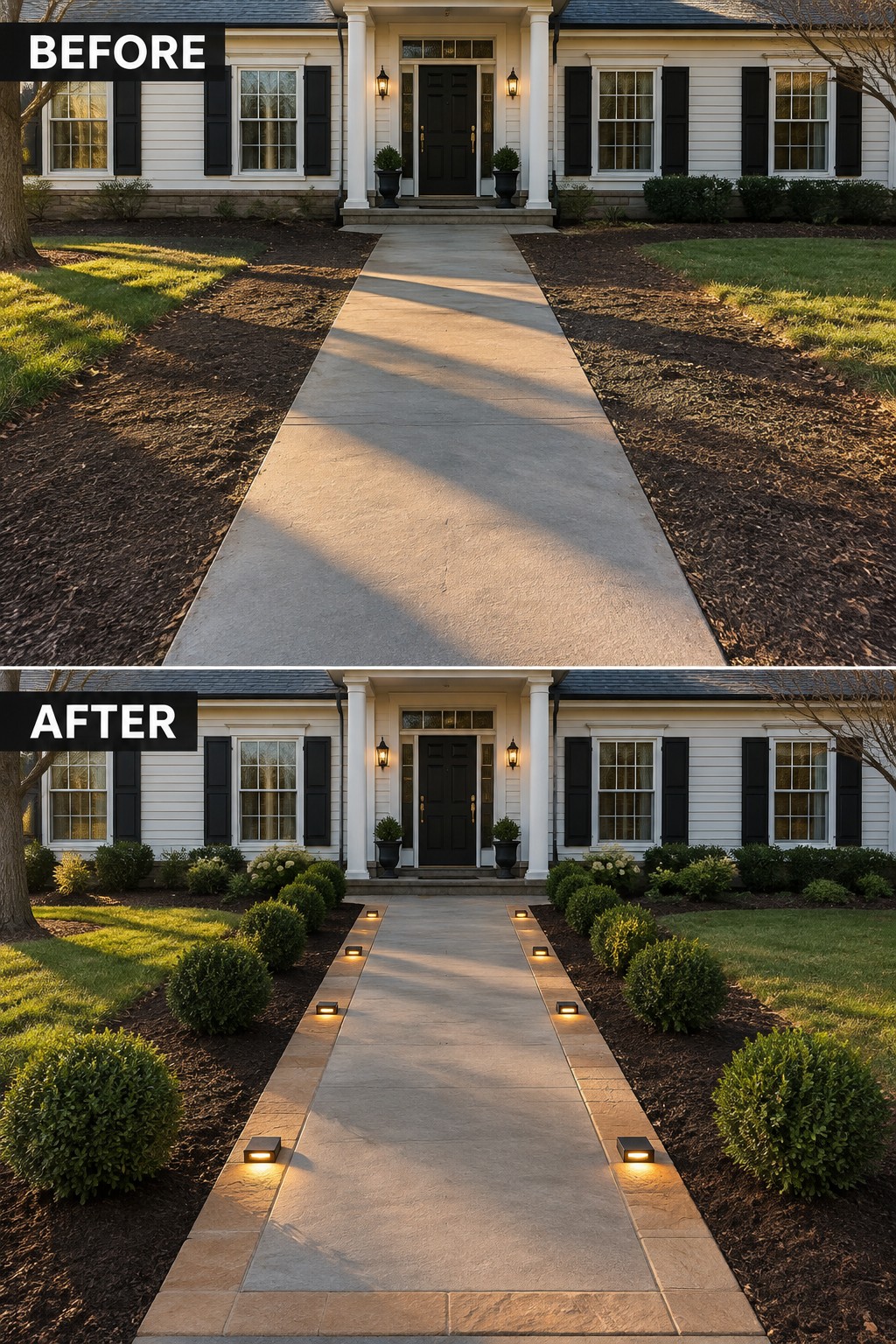 Before and after of front walkway with added stone borders, lights, and landscaping