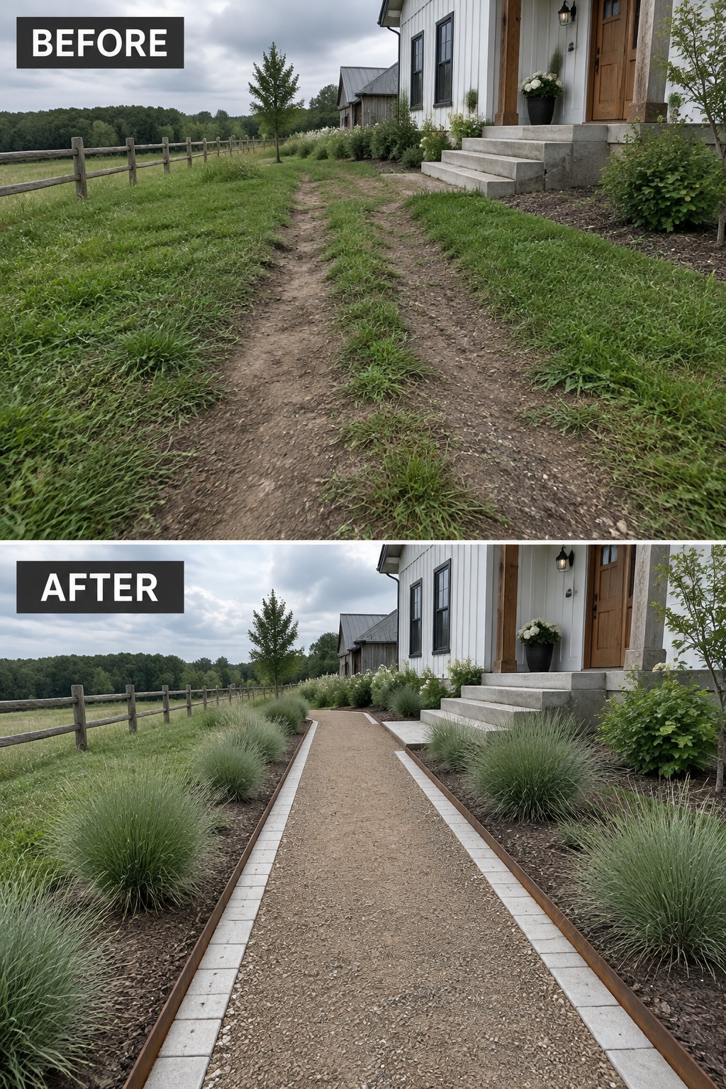 Before-and-after view of dirt path transformed into edged gravel walkway with ornamental grasses at white farmhouse.
