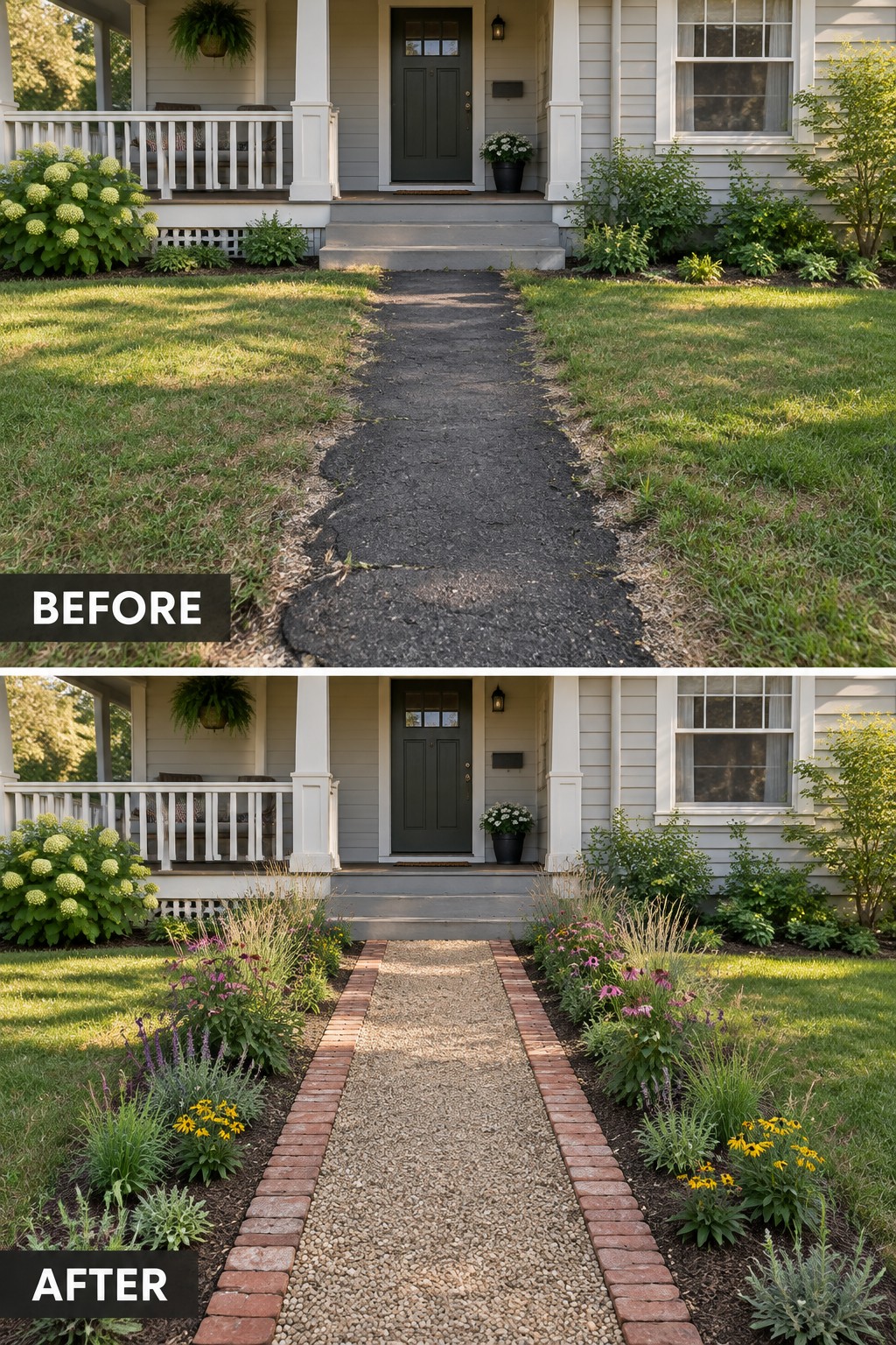 Before-and-after image of a cracked asphalt front walkway replaced with a gravel path bordered by brick pavers and new garden beds on both sides.