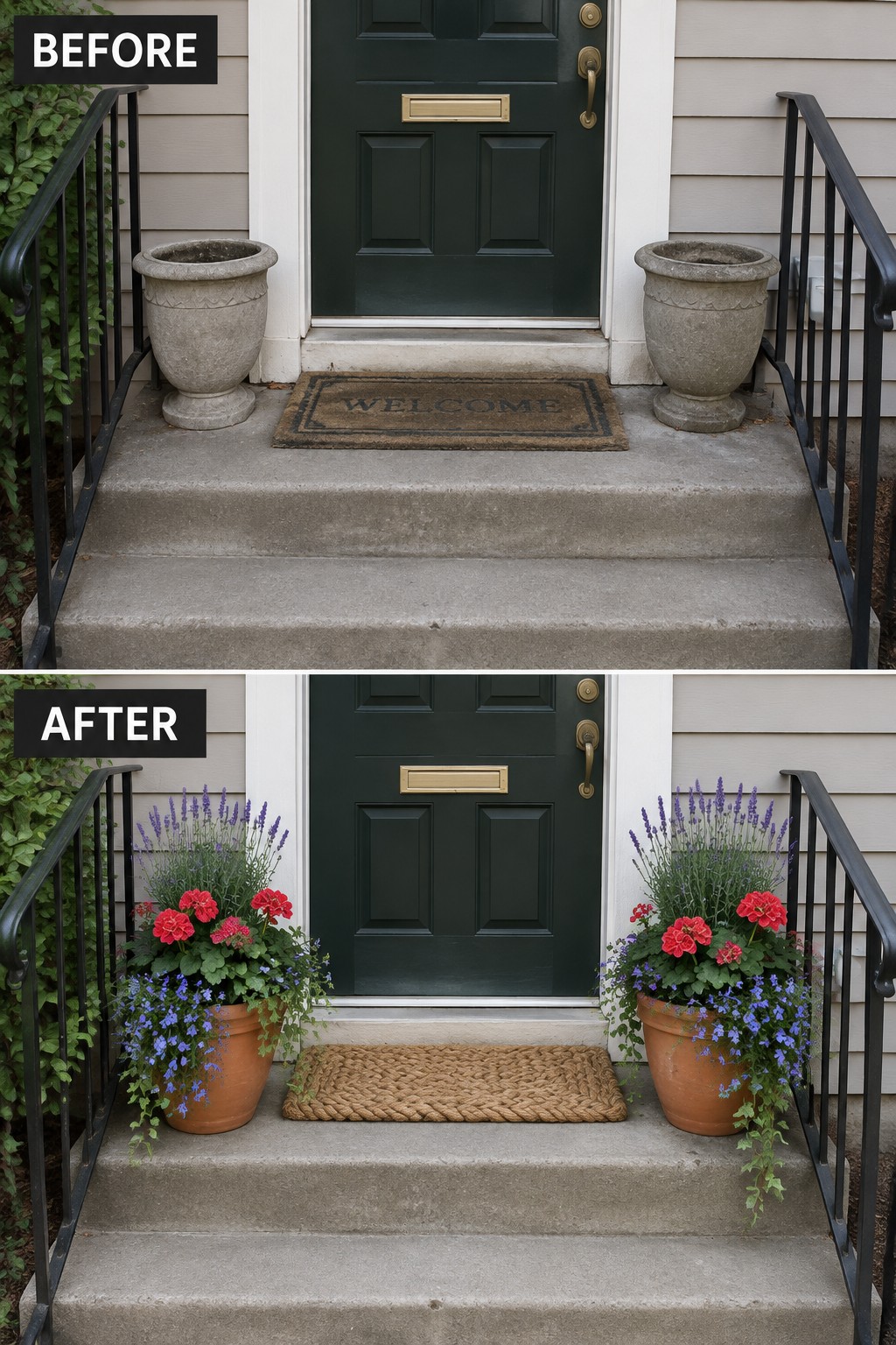 Before and after of green door entrance with colorful potted flowers on steps.