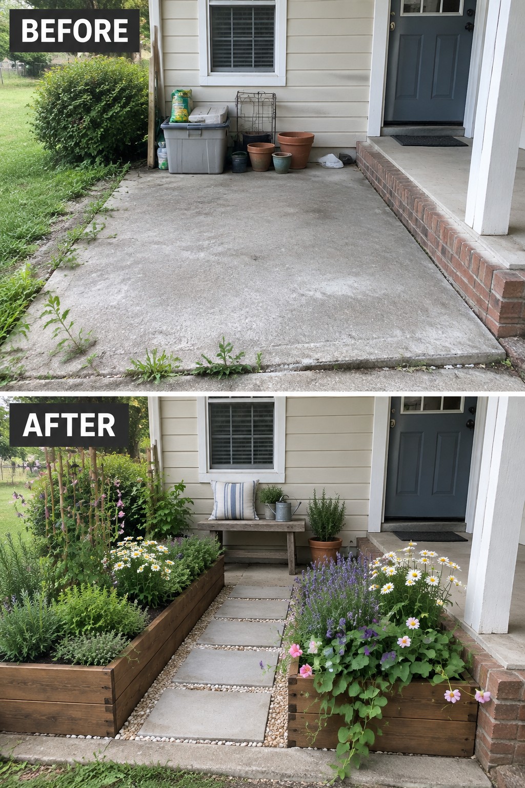 Before and after of concrete patio transformed with wooden planters, flowers and stone path