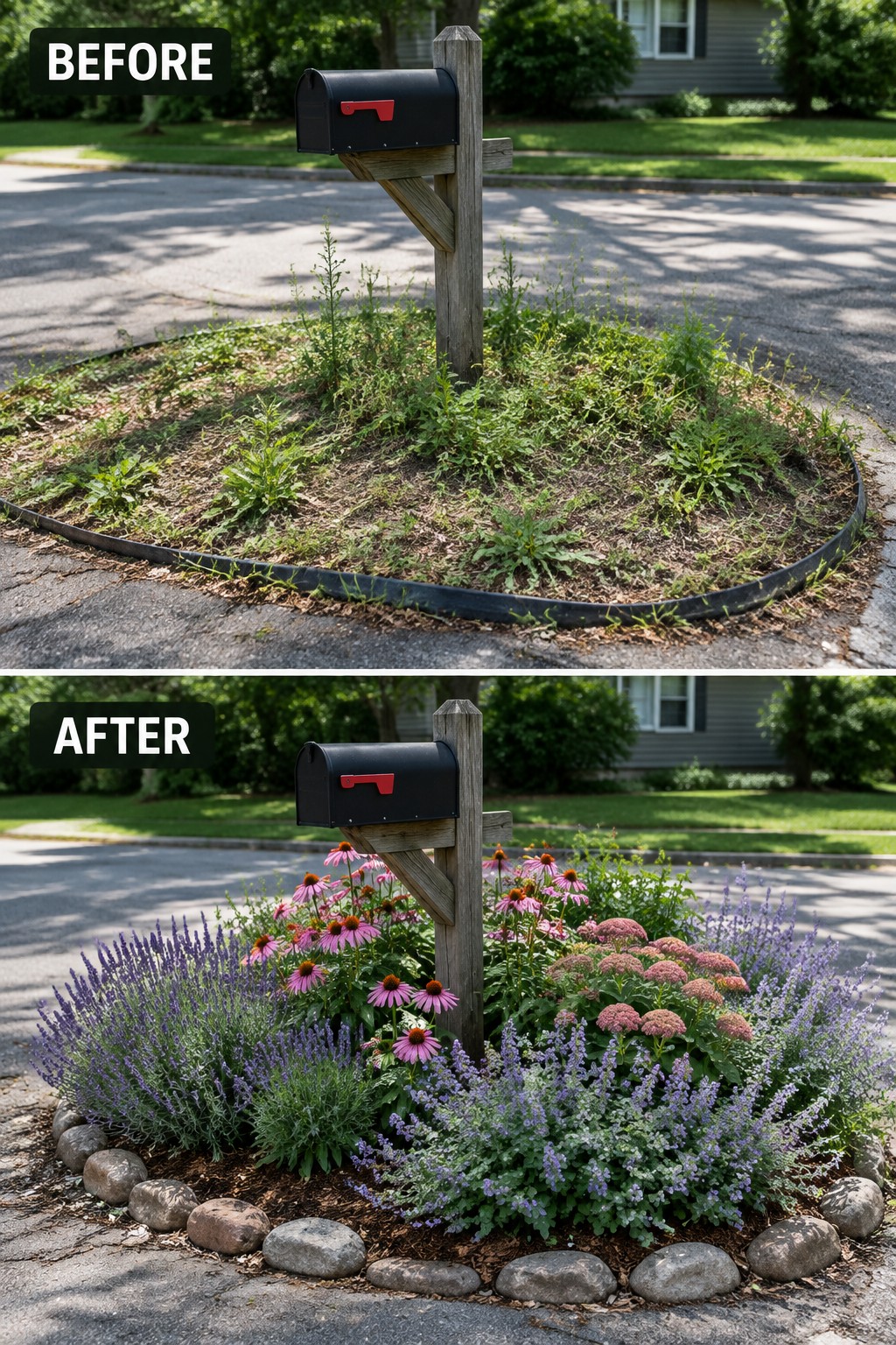 Before and after of weedy mailbox garden transformed into colorful flowers with rock border