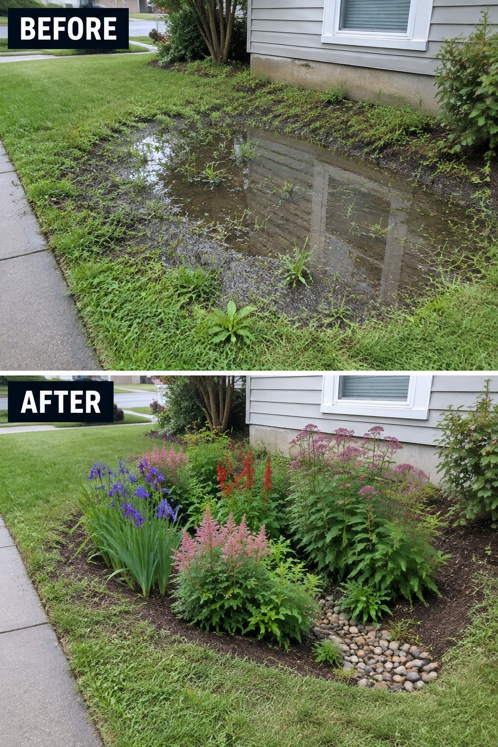 Before-and-after image of a muddy, overgrown strip beside a house changed into a defined cottage garden bed with colorful flowers, mulch, and a small gravel area.