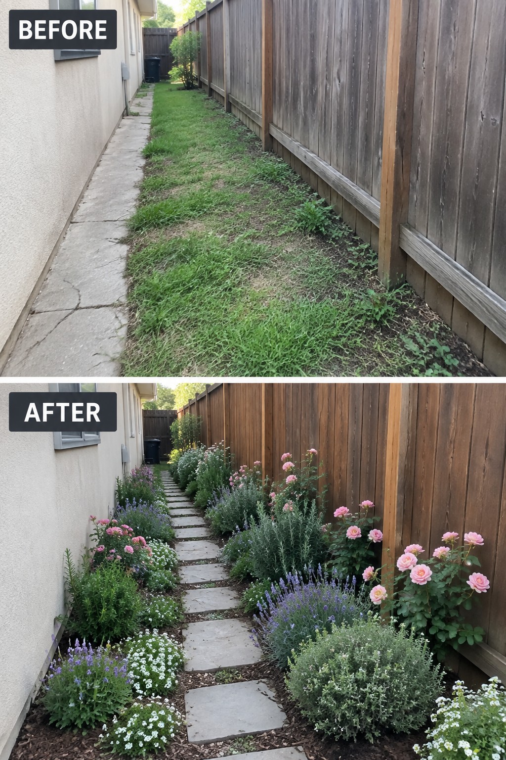 Before and after of overgrown side path transformed into blooming rose garden with stepping stones.