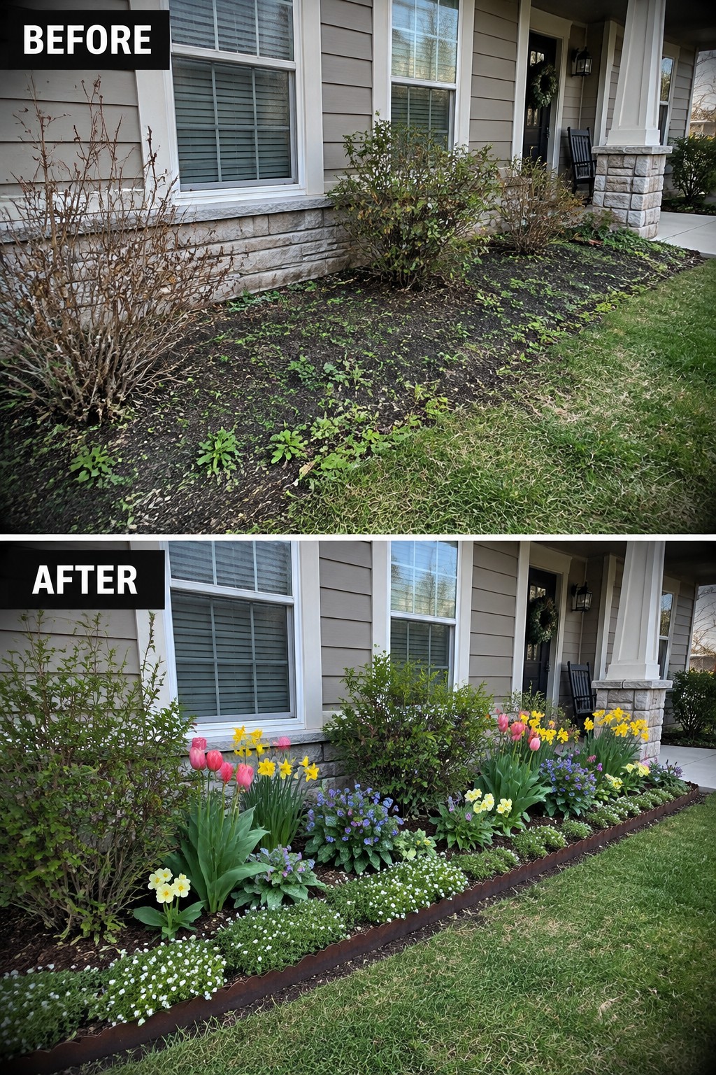 Before-and-after image of an overgrown front garden bed transformed into a neat, edged flower border with layered plants.