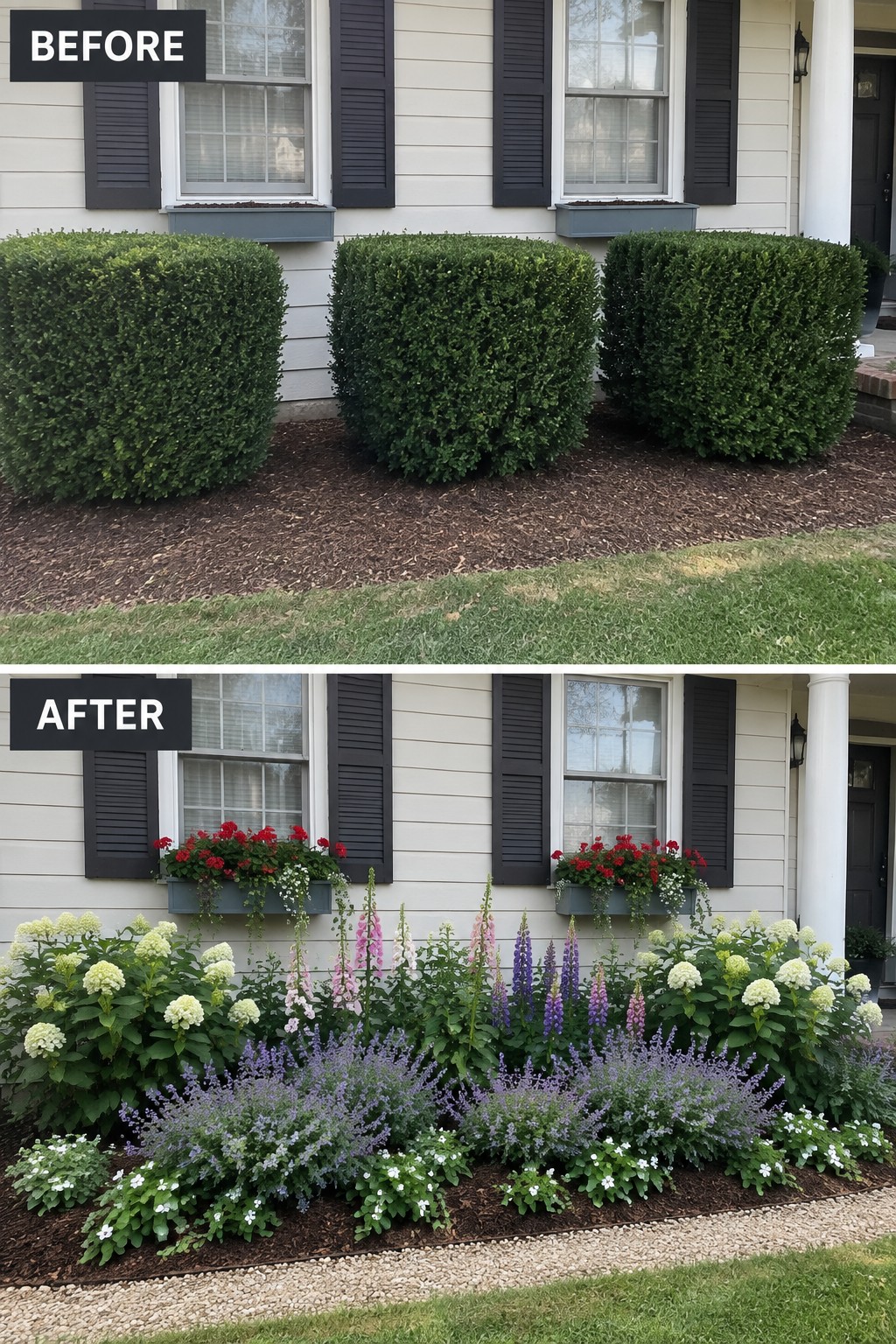 Before and after views of house garden transformed from plain bushes to colorful flowers.