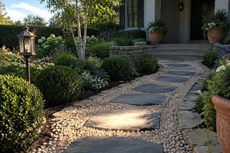 A narrow garden path of large dark stone slabs set into light gravel, lined with green shrubs and leading to concrete steps at a house entrance.