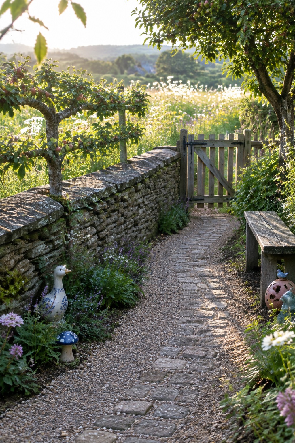 A narrow cobblestone path bordered by gravel runs alongside a low stone wall in a garden, with trees, flowers, a wooden gate, and garden ornaments visible.