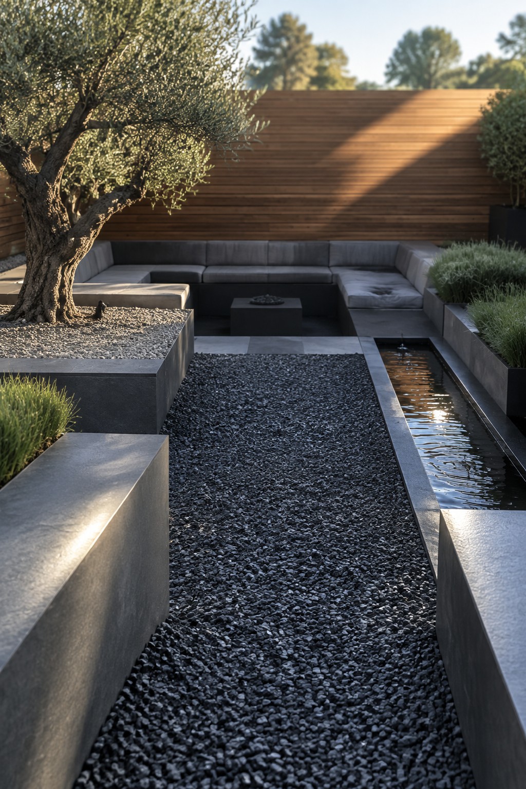 A long gravel pathway runs between dark concrete borders with a narrow water channel on the right side and an olive tree near built-in seating in the background.