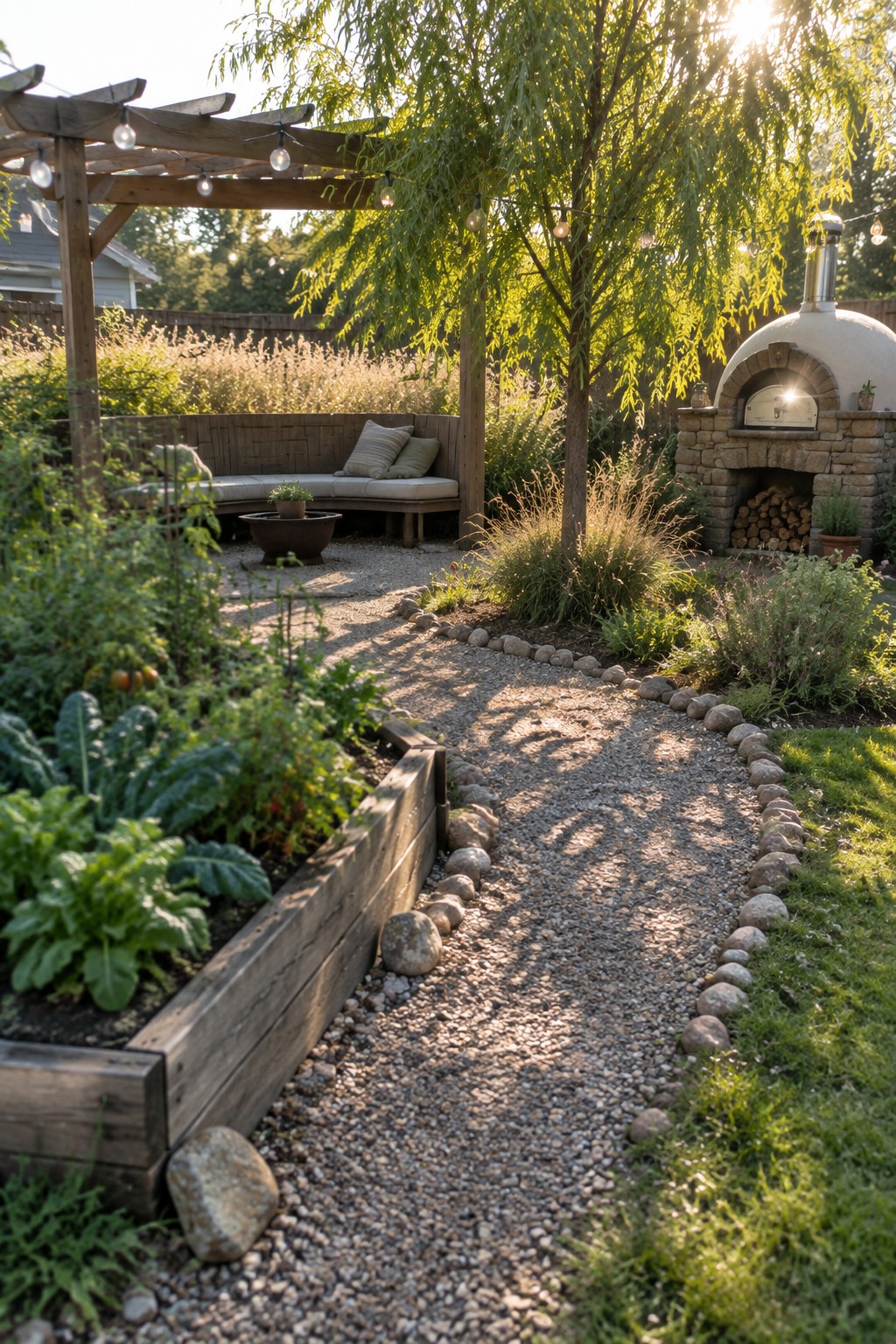 A winding gravel path bordered by rounded stones runs past raised wooden garden beds and leads toward a pergola and stone pizza oven in a backyard garden.