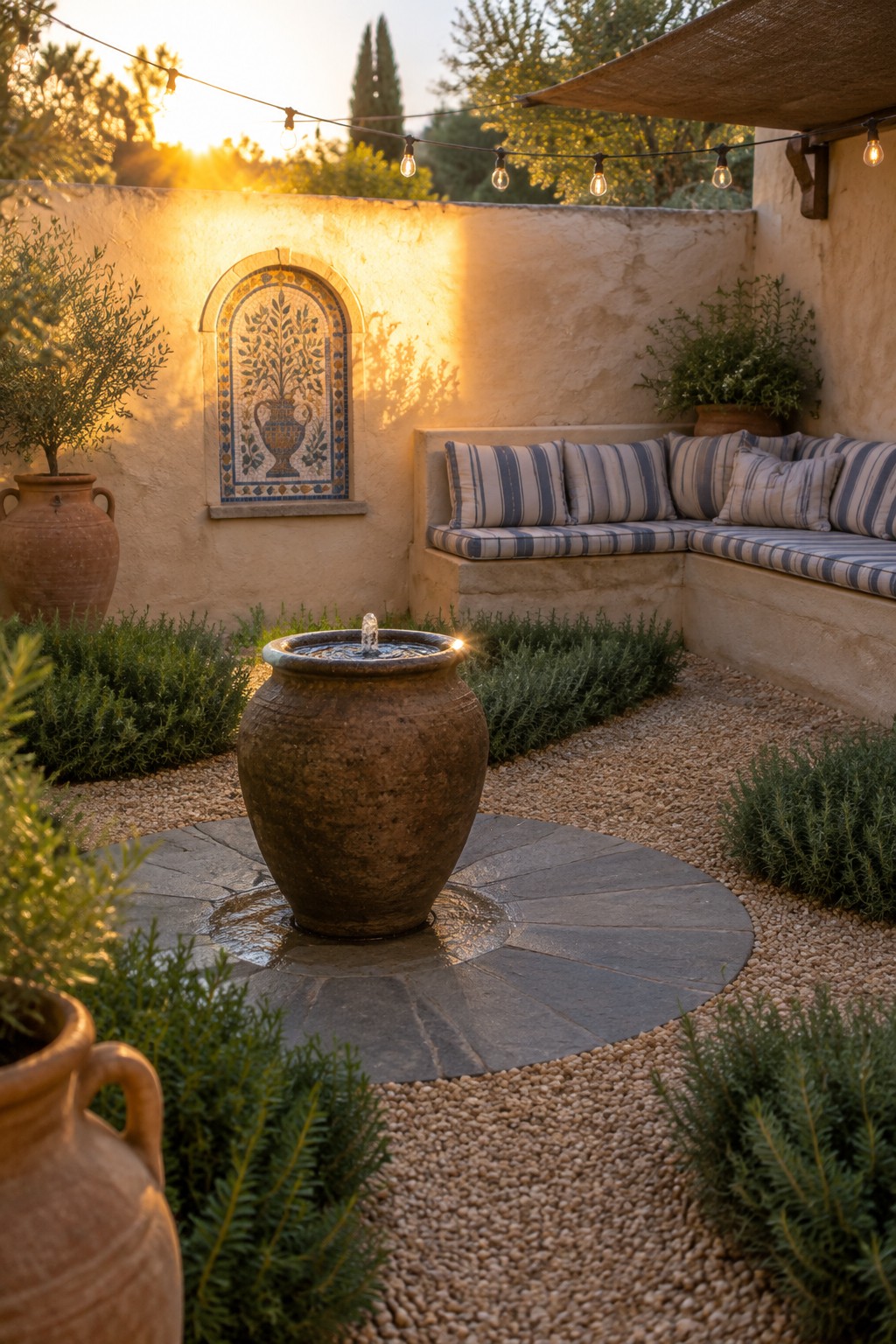 A courtyard with a circular stone patio holding a large clay fountain, surrounded by gravel paths, low green shrubs, and a built-in cushioned bench against a stucco wall.