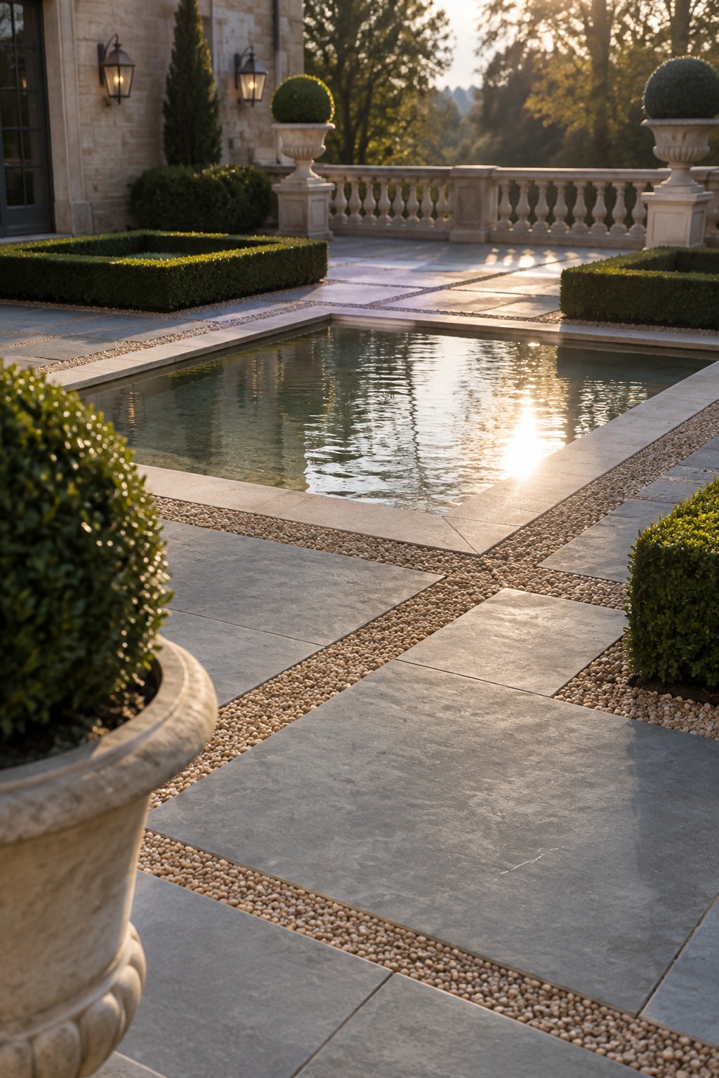 Rectangular reflecting pool on stone terrace with pebble borders, topiaries, and balustrade at sunset