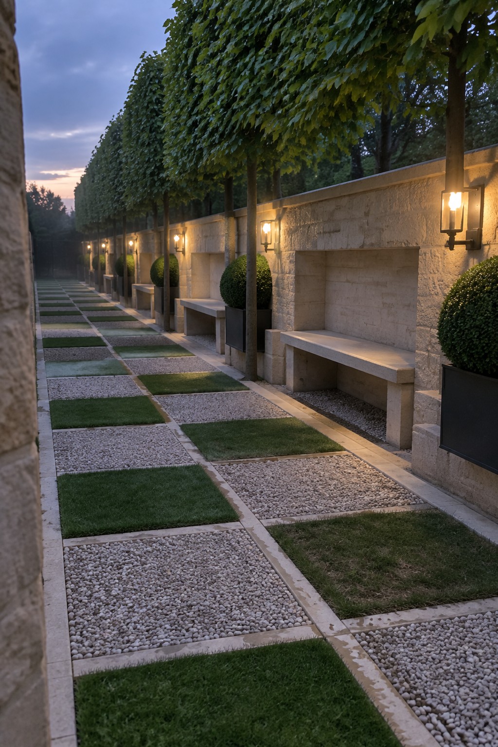 A long garden pathway shows alternating squares of gravel and grass bordered by a stone wall, with trees planted at intervals and built-in benches lit by wall sconces.