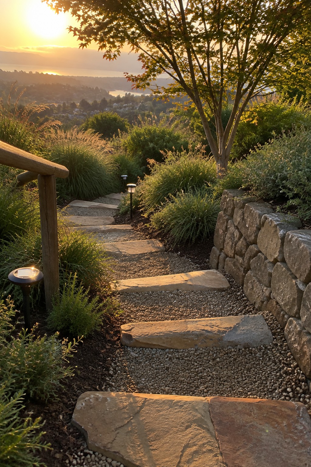 A garden pathway of large irregular stone steps set into gravel, bordered by dense green plants and a stacked stone retaining wall.