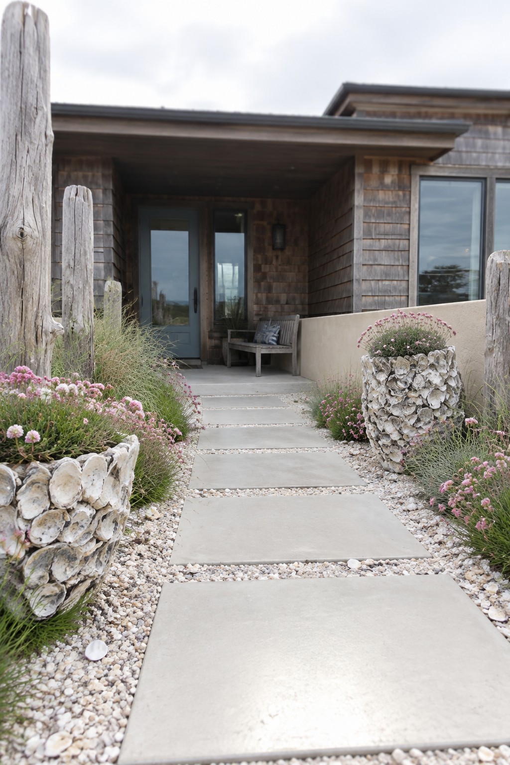 A concrete paver pathway bordered by gravel leads to the front door of a shingled house, with large oyster shell planters holding pink flowers on either side.