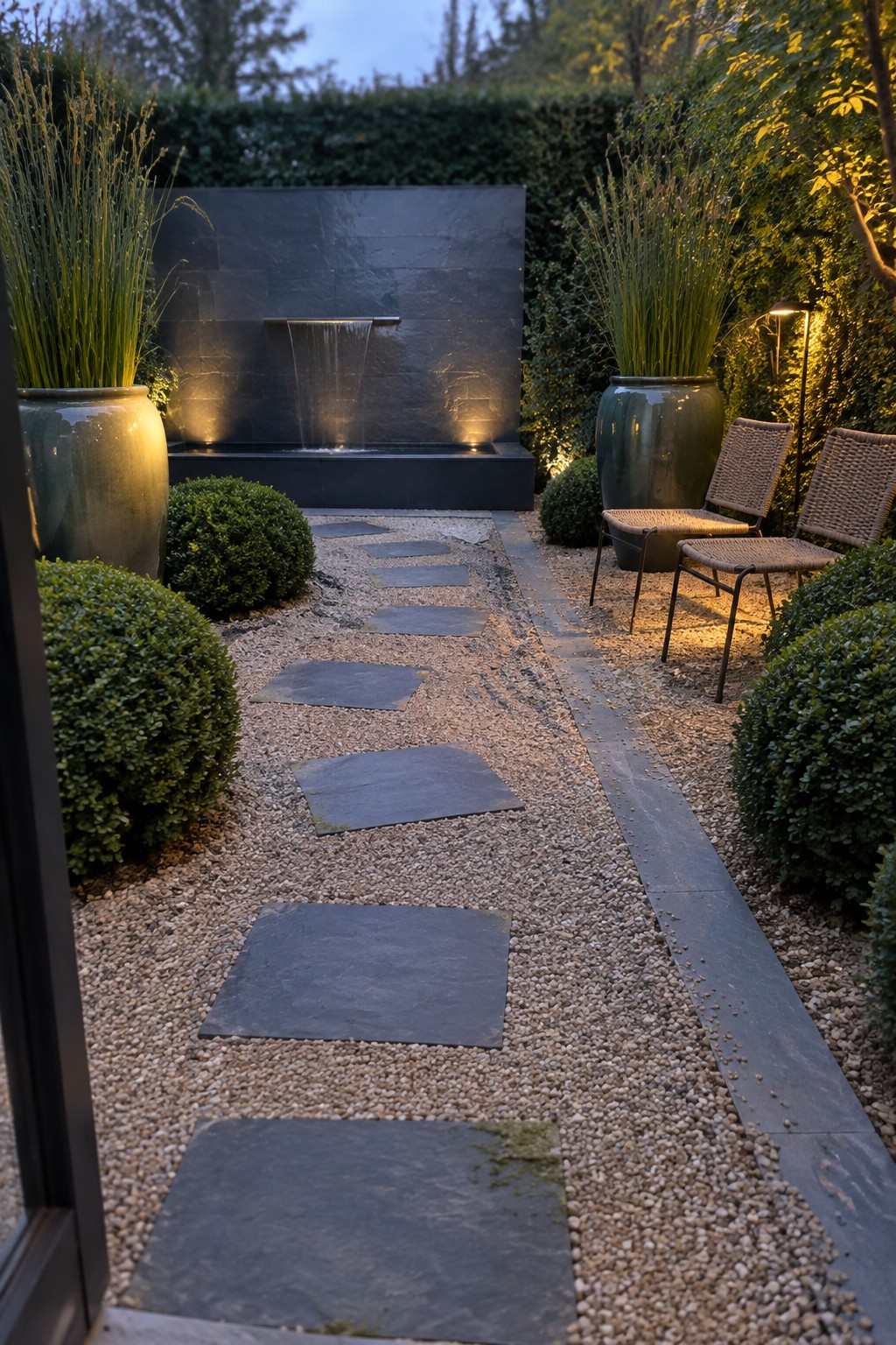 A narrow garden path of large dark stone slabs set into light gravel leads to a black stone water wall, flanked by large ceramic pots, woven chairs, and rounded shrubs.