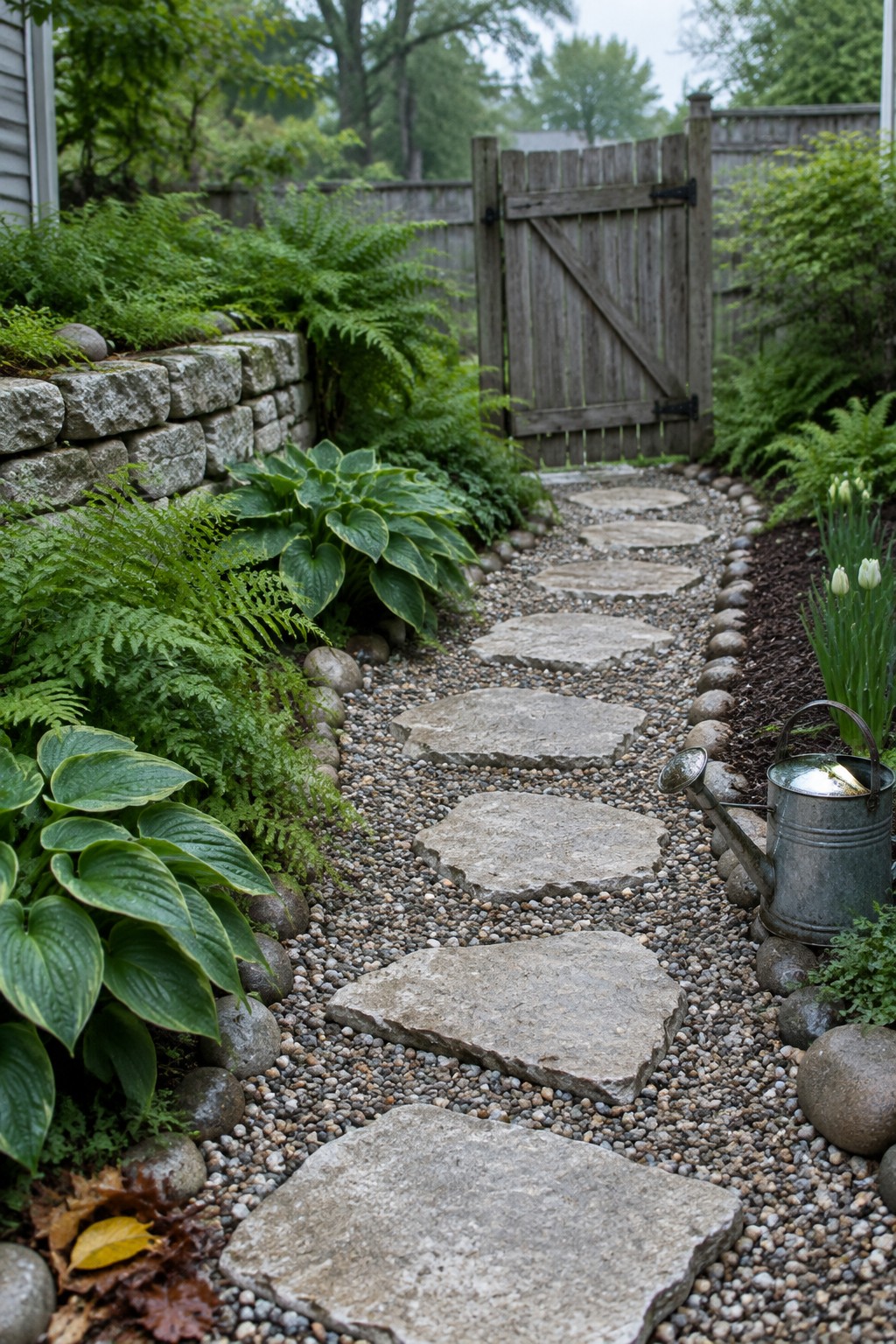 A winding garden path of large irregular stepping stones set in gravel, bordered by ferns, hostas, and other greenery, leading toward a wooden gate.
