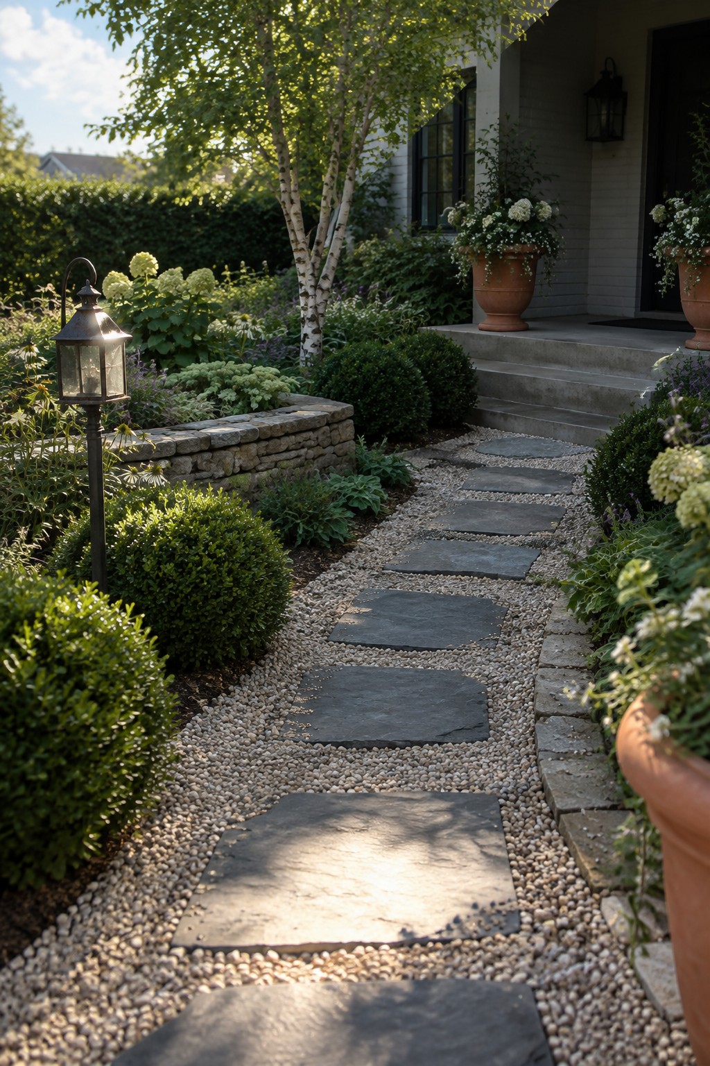 A narrow garden path of large dark stone slabs set into light gravel, lined with green shrubs and leading to concrete steps at a house entrance.