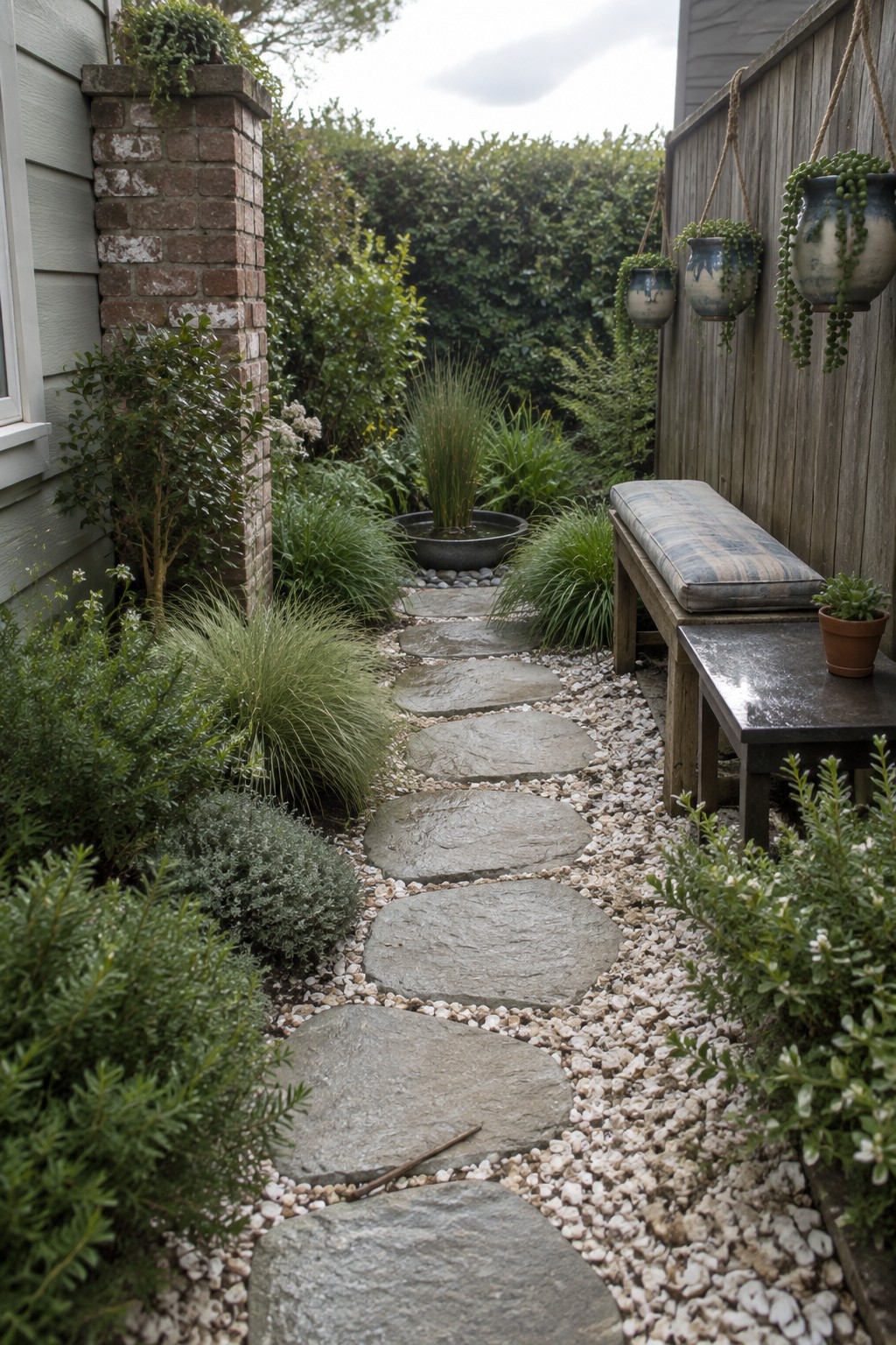 A narrow garden path of large flat gray stepping stones set in white gravel, lined with green shrubs and plants on both sides, with a wooden bench on the right.