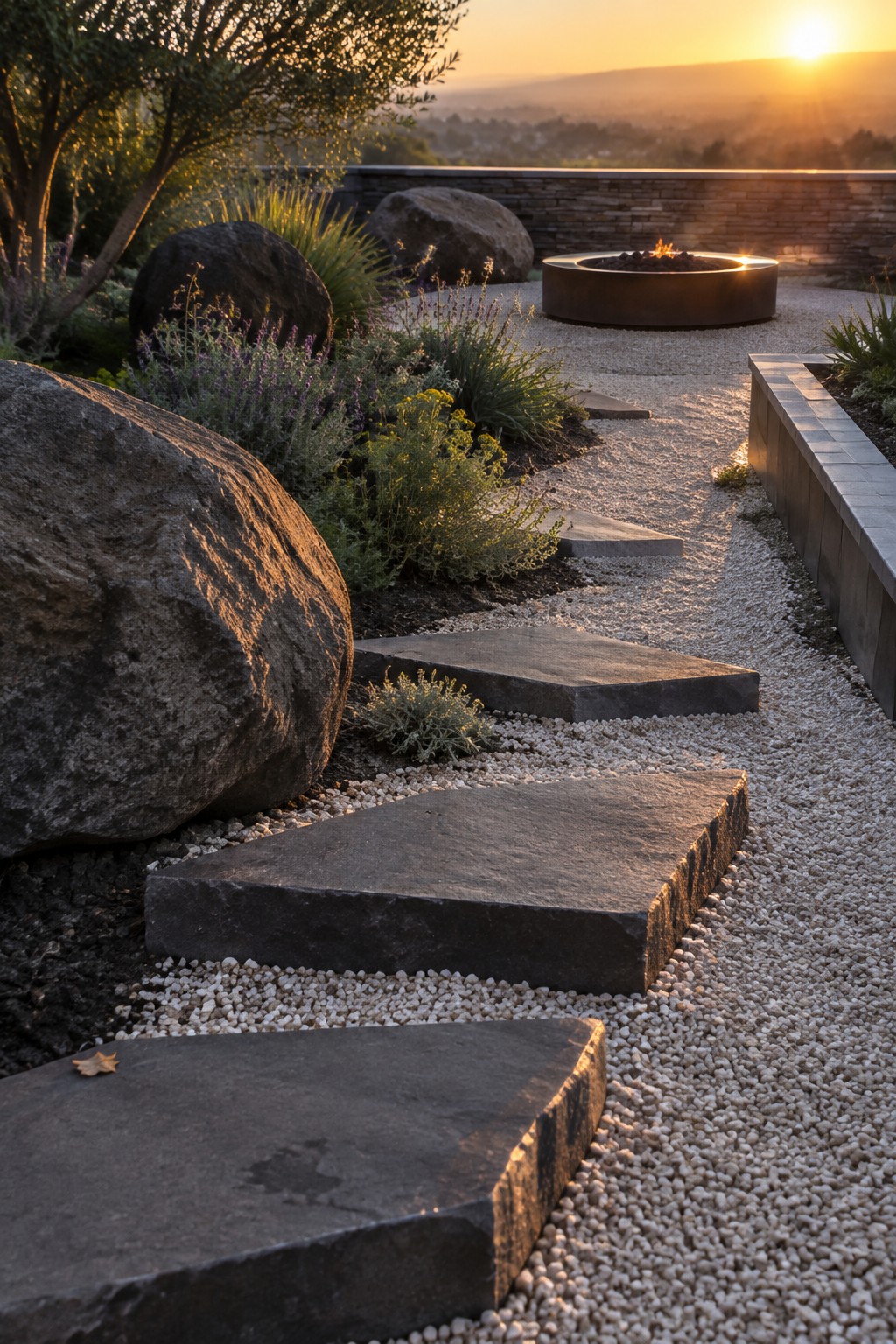 A gravel pathway lined with large flat stepping stones curves past boulders and low plants toward a round metal fire pit.
