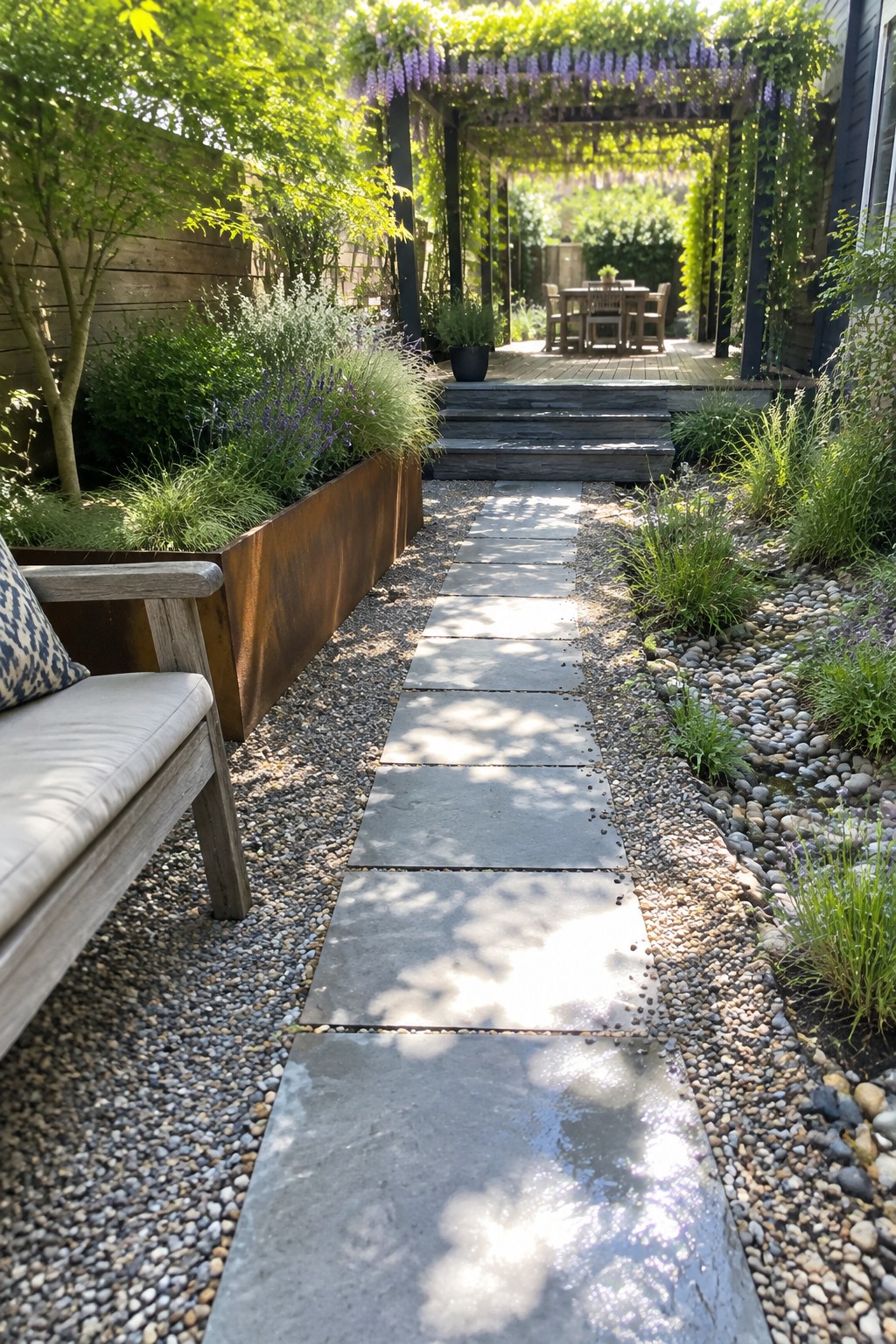 A straight garden path of rectangular gray stone slabs set in gravel, with raised metal planters and green plants along both sides.