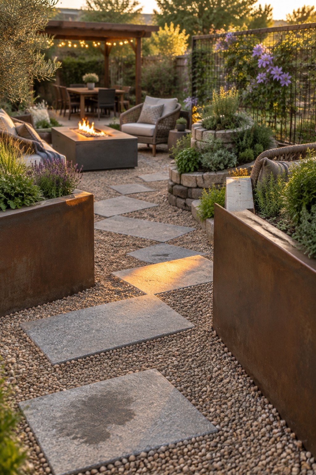 A garden path of large rectangular gray stone pavers set into light gravel, bordered by rusted metal planters filled with green plants.