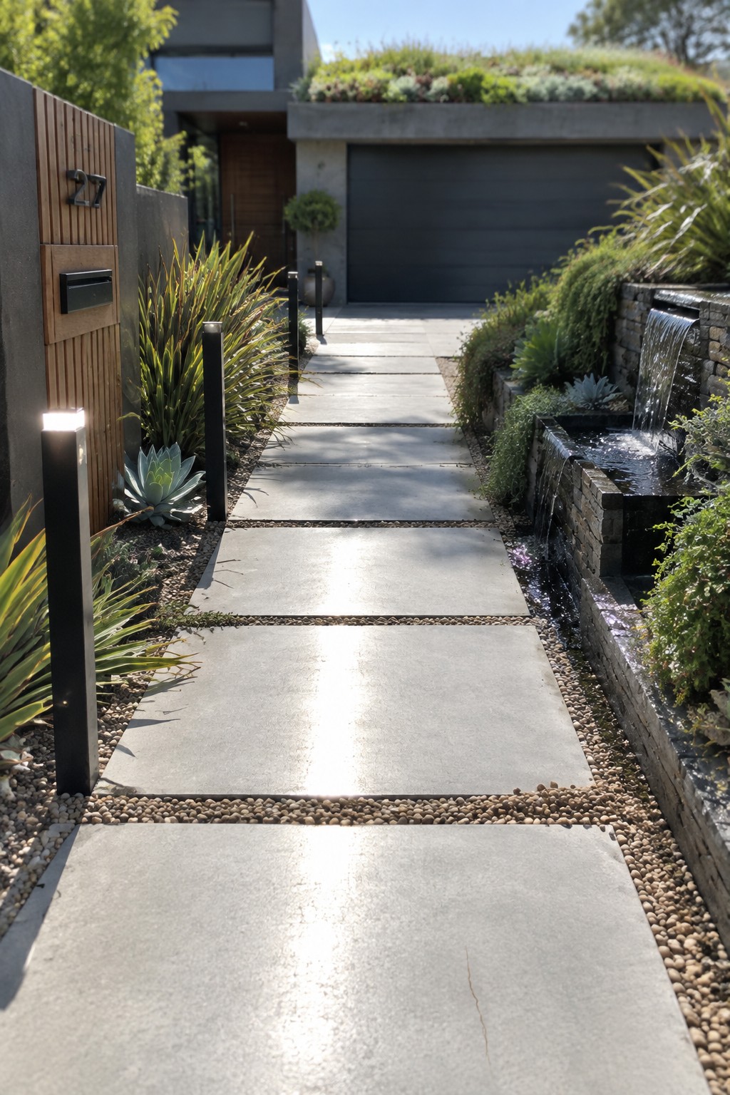 A straight concrete pathway of large rectangular slabs with gravel between them leads to a modern house, bordered by plants and a stone water feature on the right.