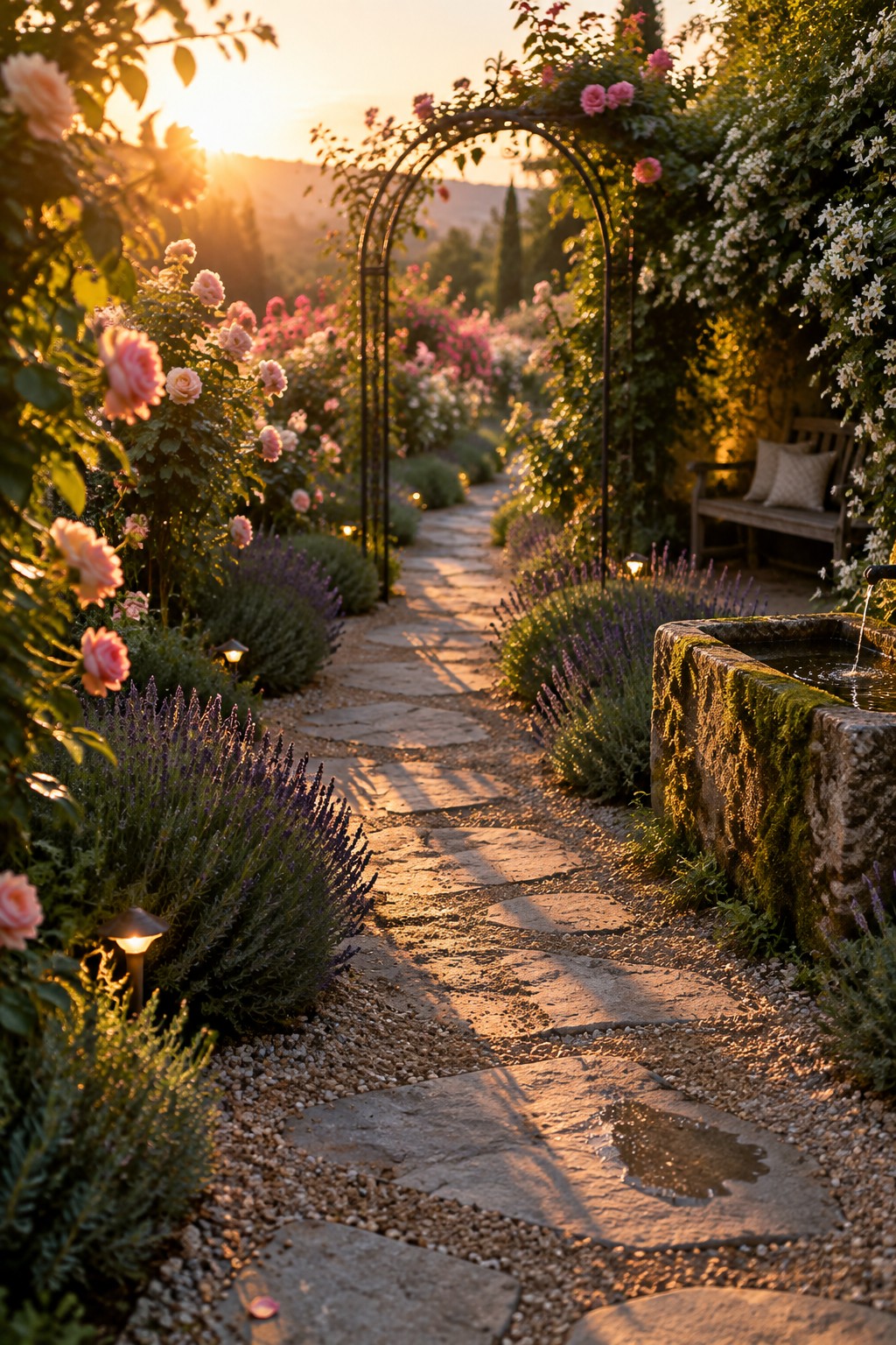 A winding stone pathway made of irregular pavers set in gravel, bordered by lavender and rose bushes with a moss-covered stone fountain on the right.