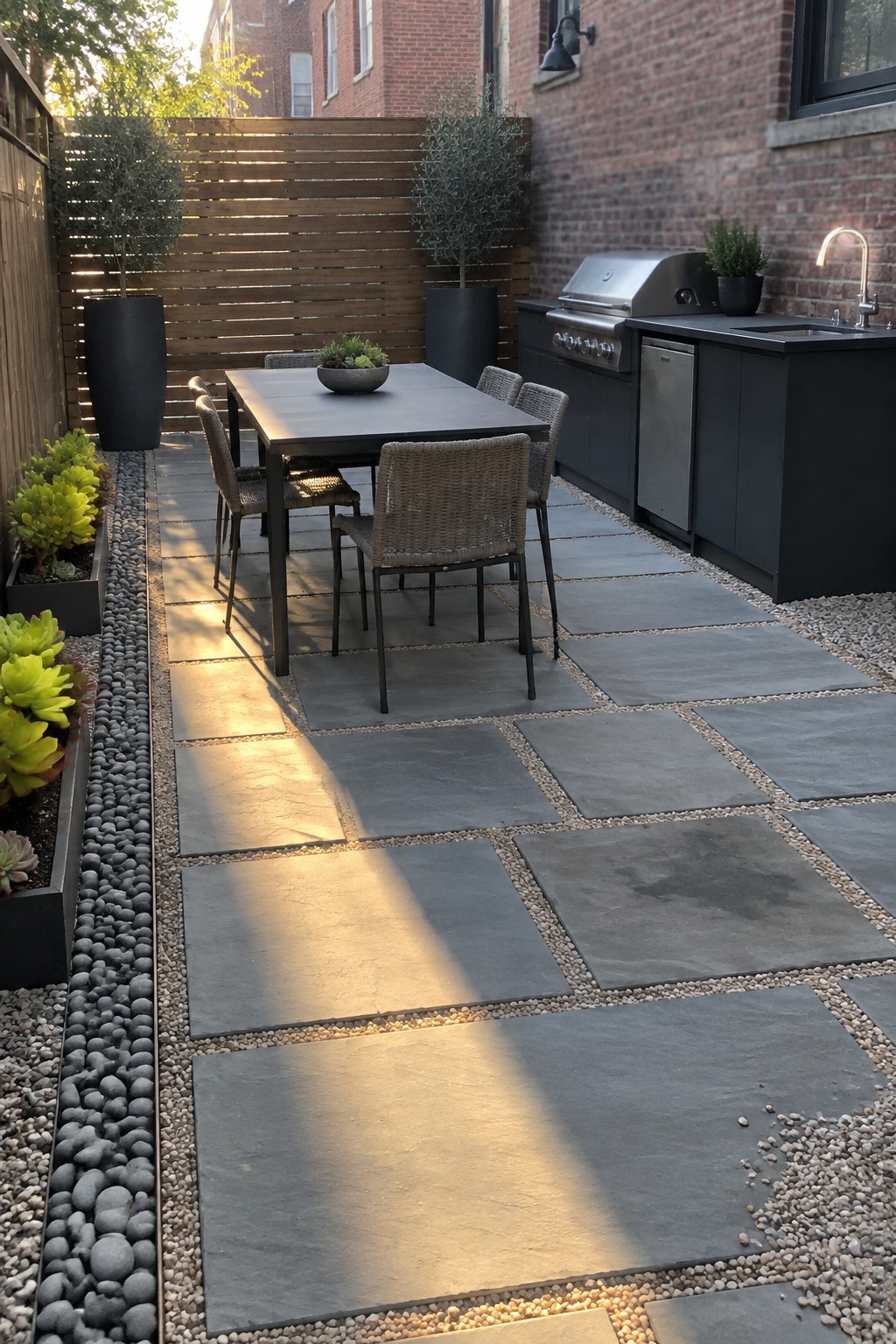 A backyard patio featuring rectangular gray stone pavers set in gravel, lined with potted plants and an outdoor kitchen area against a brick wall.