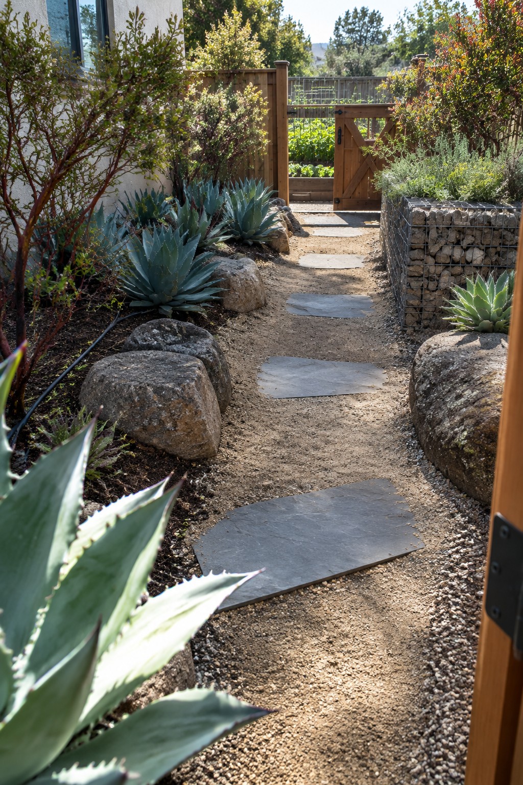 A gravel garden path with flat stone slabs, large rocks, and agave plants leads toward a wooden gate.
