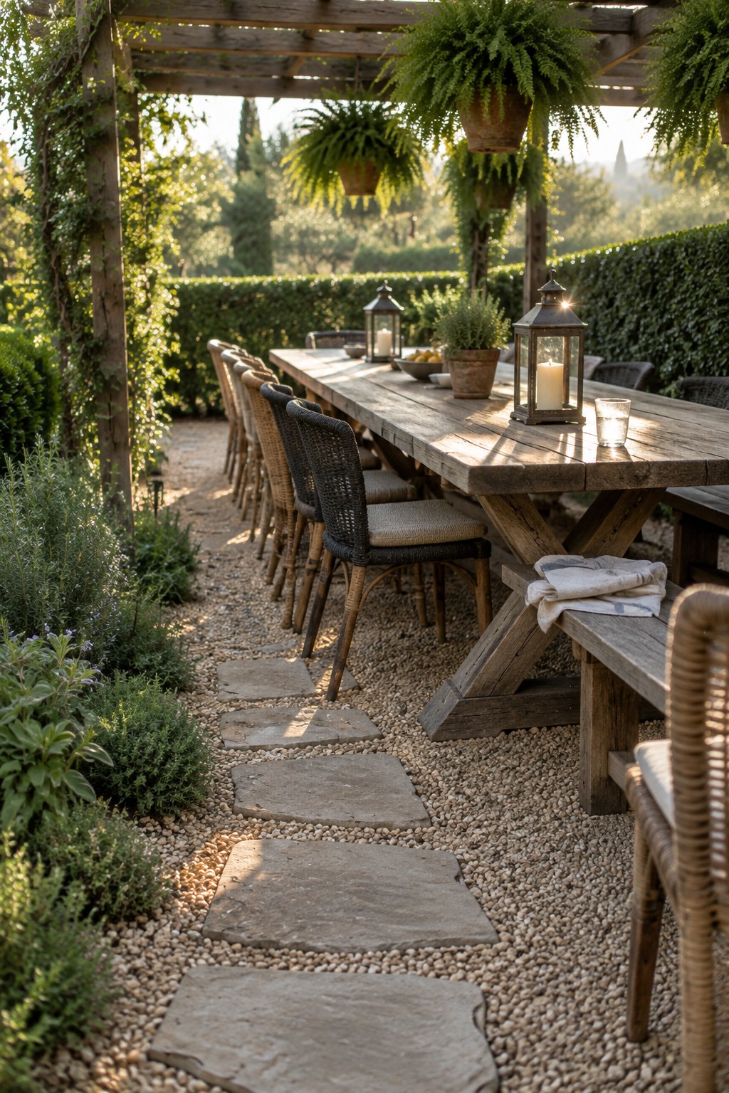 Rustic wooden table with lanterns on gravel path amid lush garden greenery