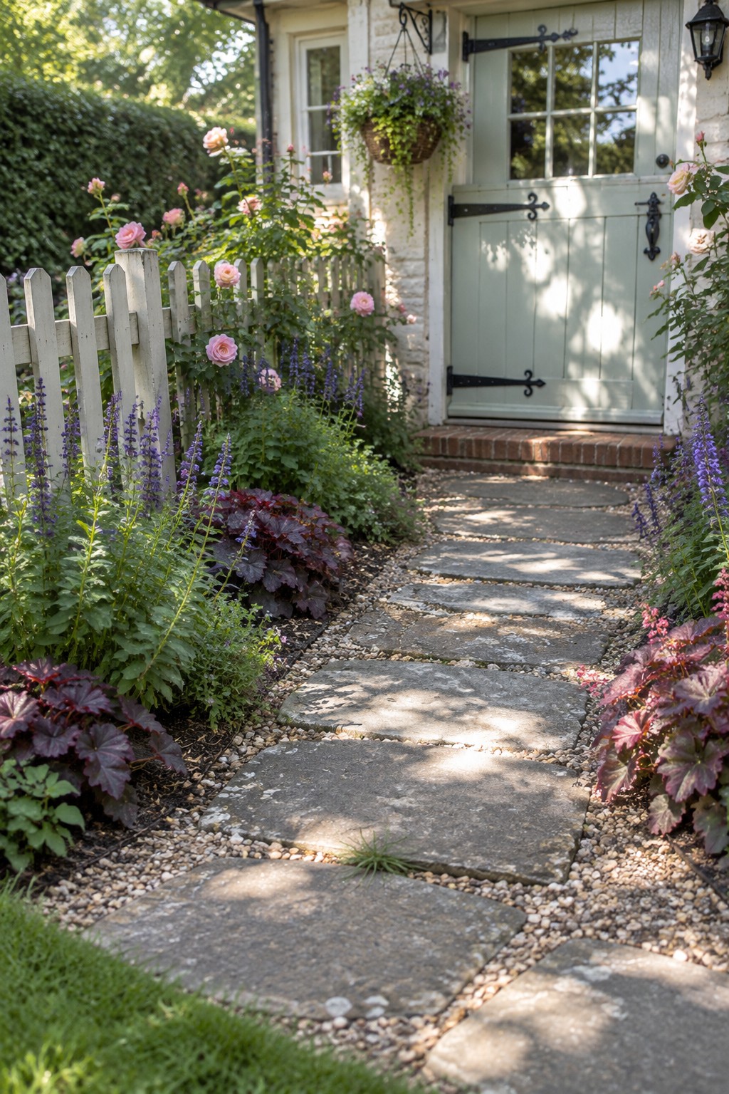 A garden pathway of large irregular stone slabs set in gravel runs toward a light green door, bordered by pink roses and dark purple foliage.