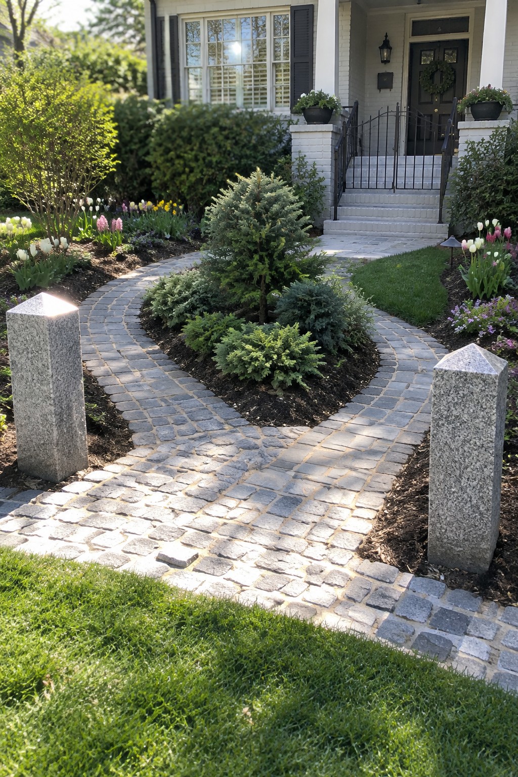 A curved cobblestone pathway winds through garden beds with shrubs and flowers, bordered by grass and two stone pillars leading toward a house entrance.