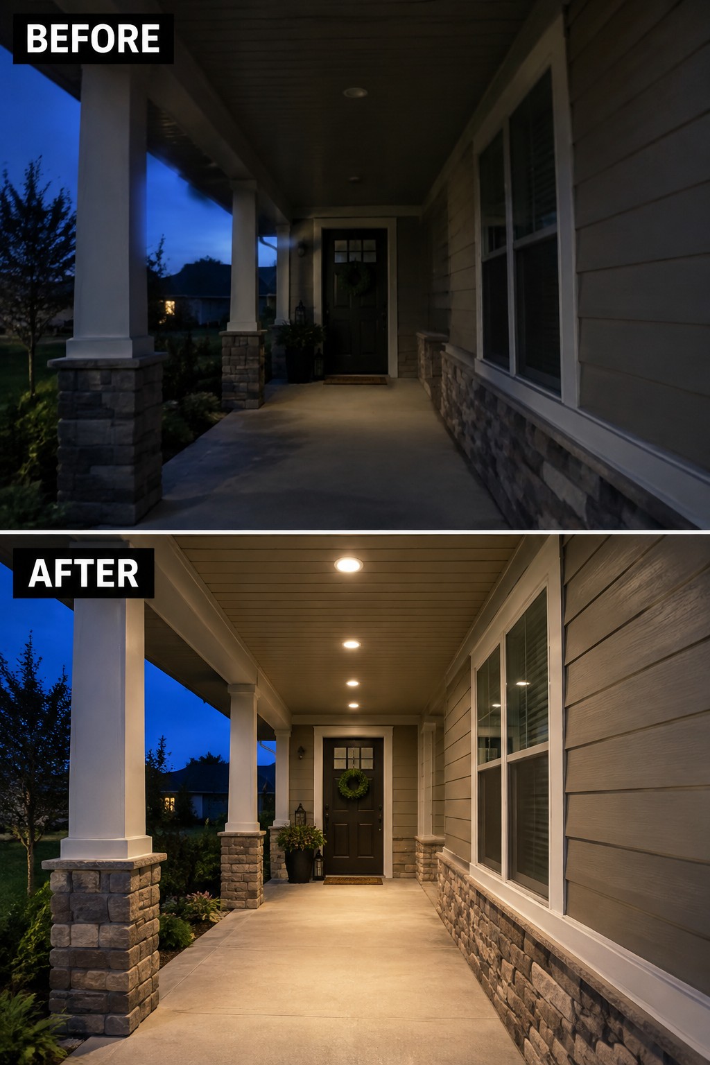 Before and after porch with new recessed ceiling lights at dusk