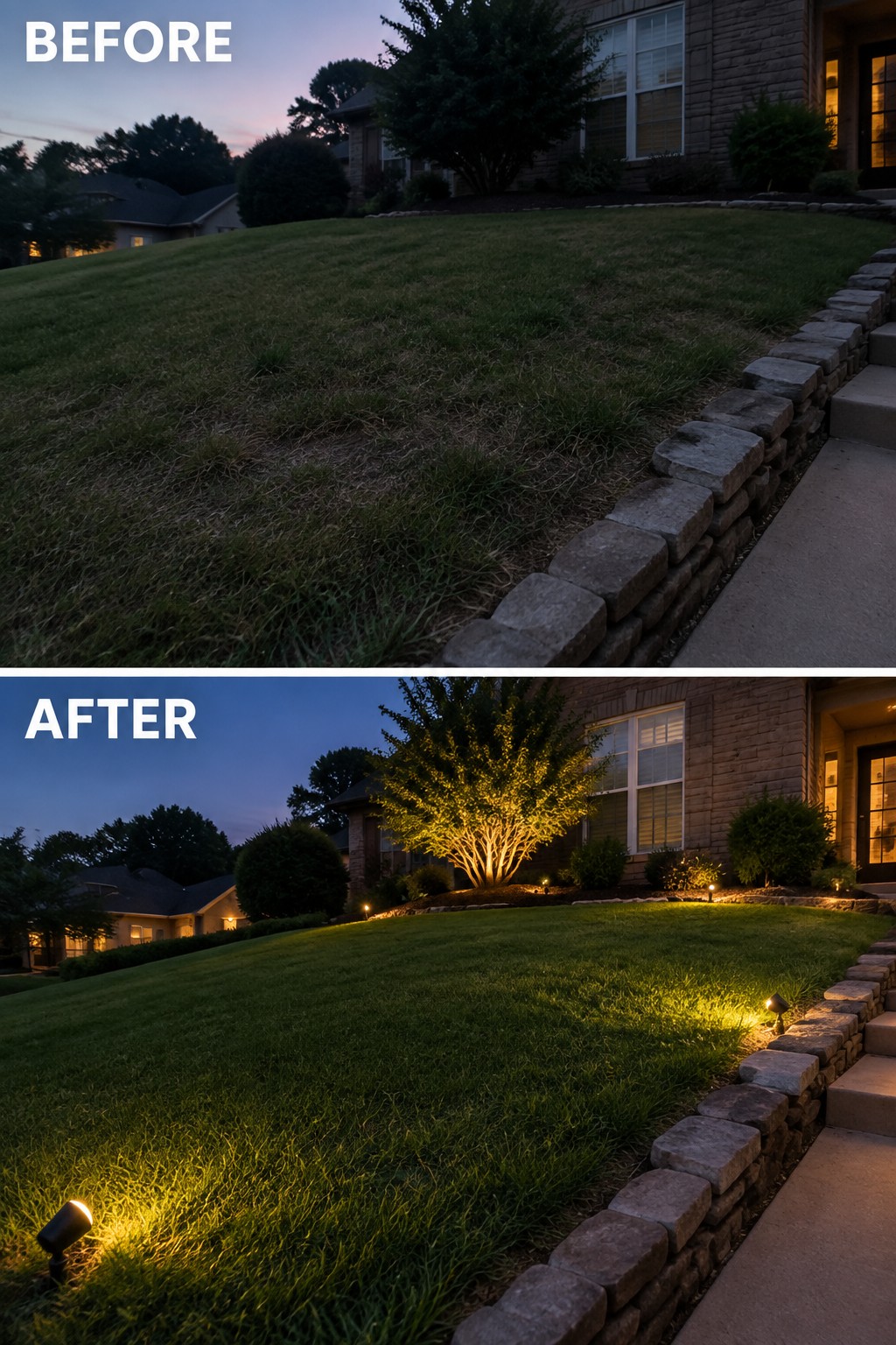 Before and after of sloped lawn with stone wall, house, and added landscape lights at dusk.